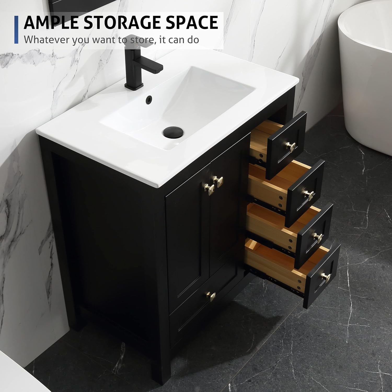 30 Inch Black Single Bathroom Vanity Base with Storage