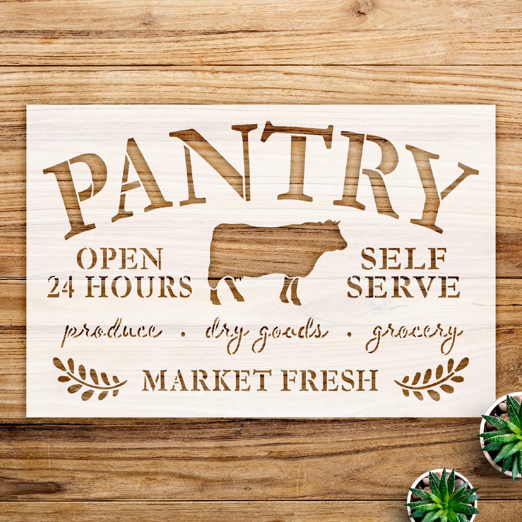Farmhouse Pantry Open Cow Stencil for Walls and Crafts, Reusable Mylar Template, Ideal for DIY Rustic Decor and Produce displays - Size A4 (11.0