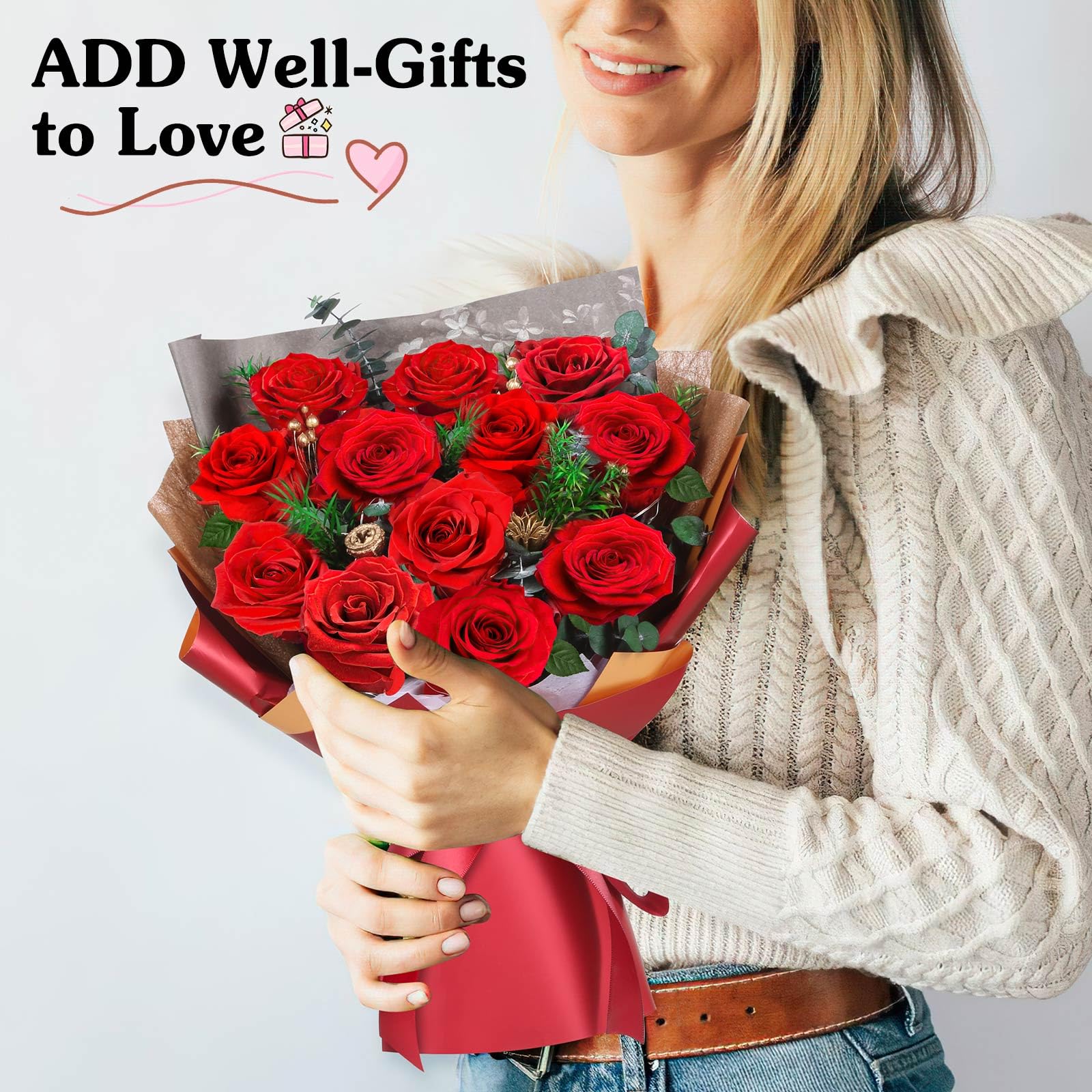 ADDWel Ewiger Rosenstrauß mit 12 echten konservierten roten Rosen, Infinity Rosen Blumenstrauß, Geschenke für Frauen, Geschenk für Freundin Mama Ehefrau zum Geburtstag, Jahrestag Weihnachten