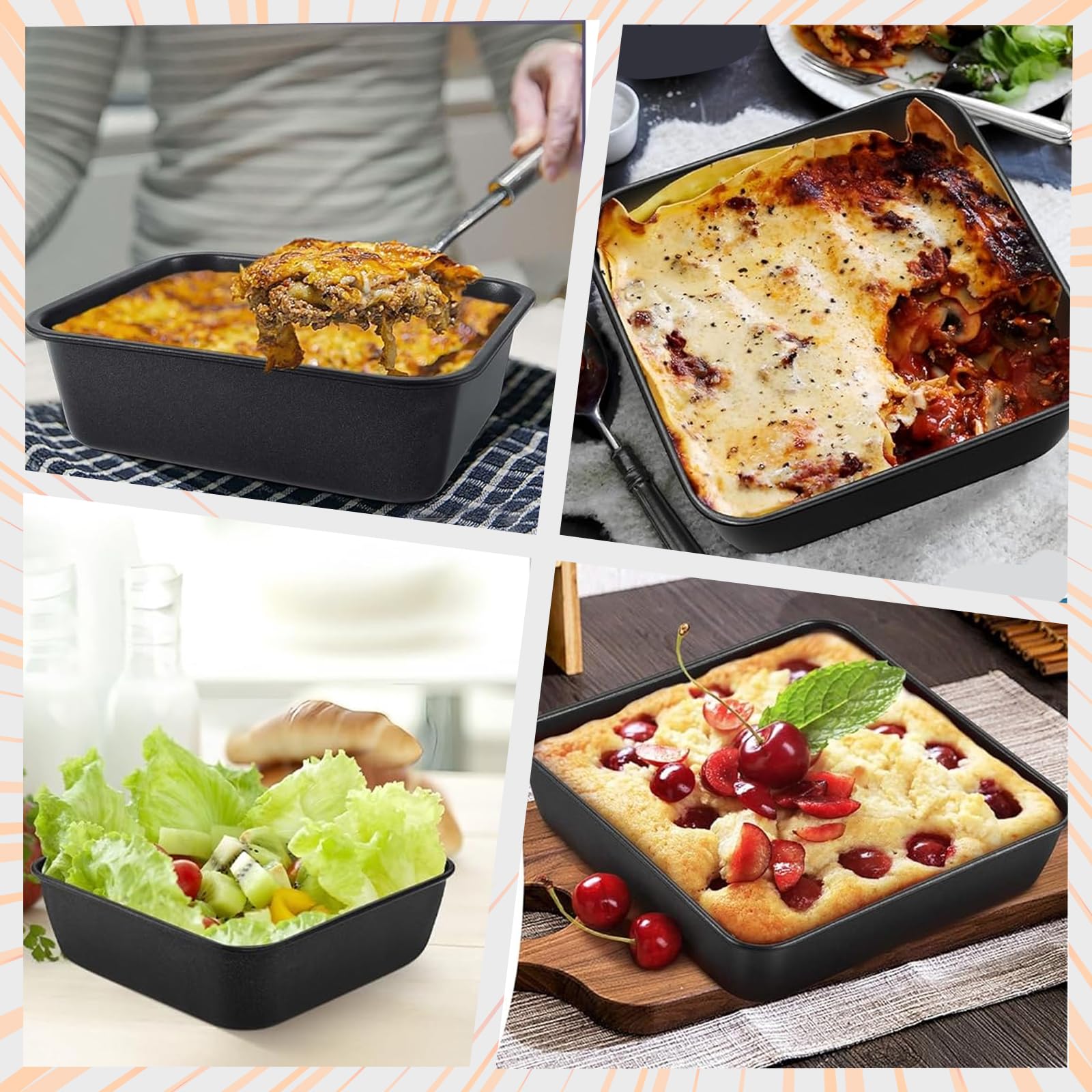 Lot de 2 plats à gratin carrés, en acier au carbone, rectangulaires, avec revêtement anti-adhésif, pour lasagnes, gâteaux à brownie, 19 x 19 x 5 cm
