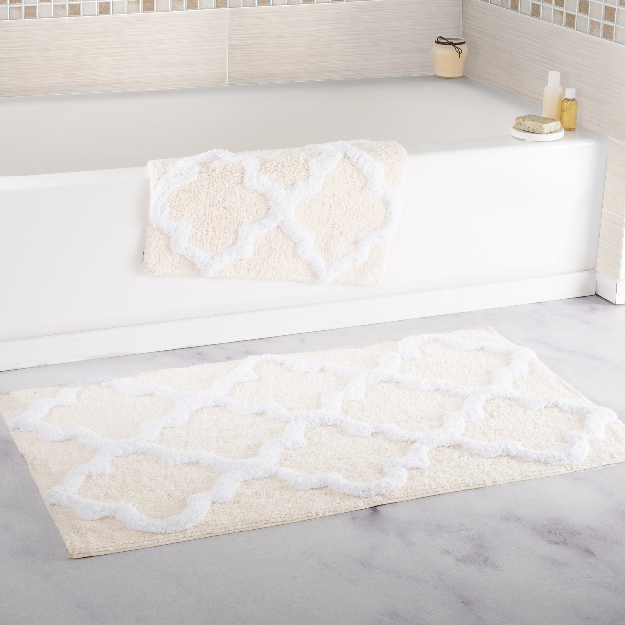 Lavish Home 2 Piece Bathroom Rug Set - 41x24.5 Inch and 34x21 Inch 100% Cotton Bath Mats with Textured Trellis Print for Elegant Bathroom Decor - Bath