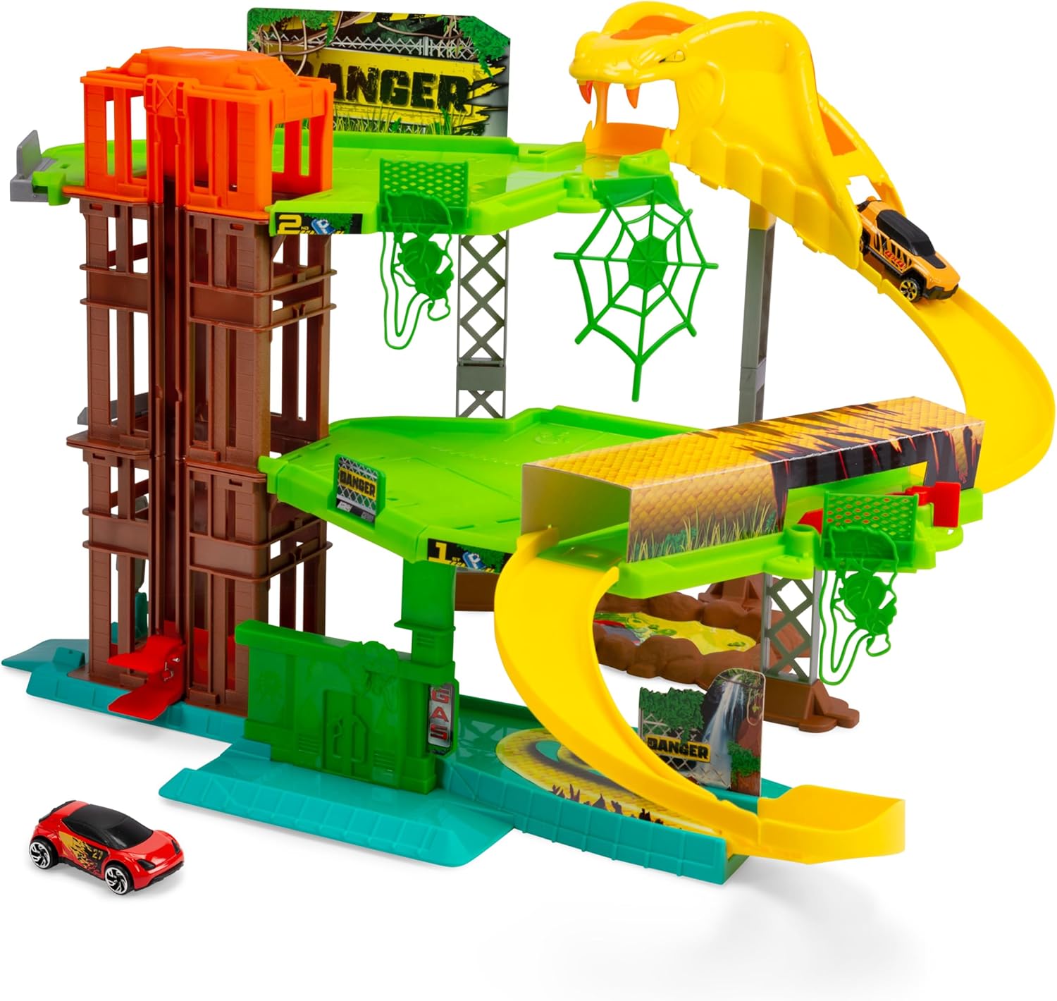 Dickie Toys - Jungle Garage Car Race Track (50 x 55 x 32 cm) with Metal Toy Car - Parking Garage on 3 Floors with Lift and Tunnel, Toy Highway for Children from 3 Years