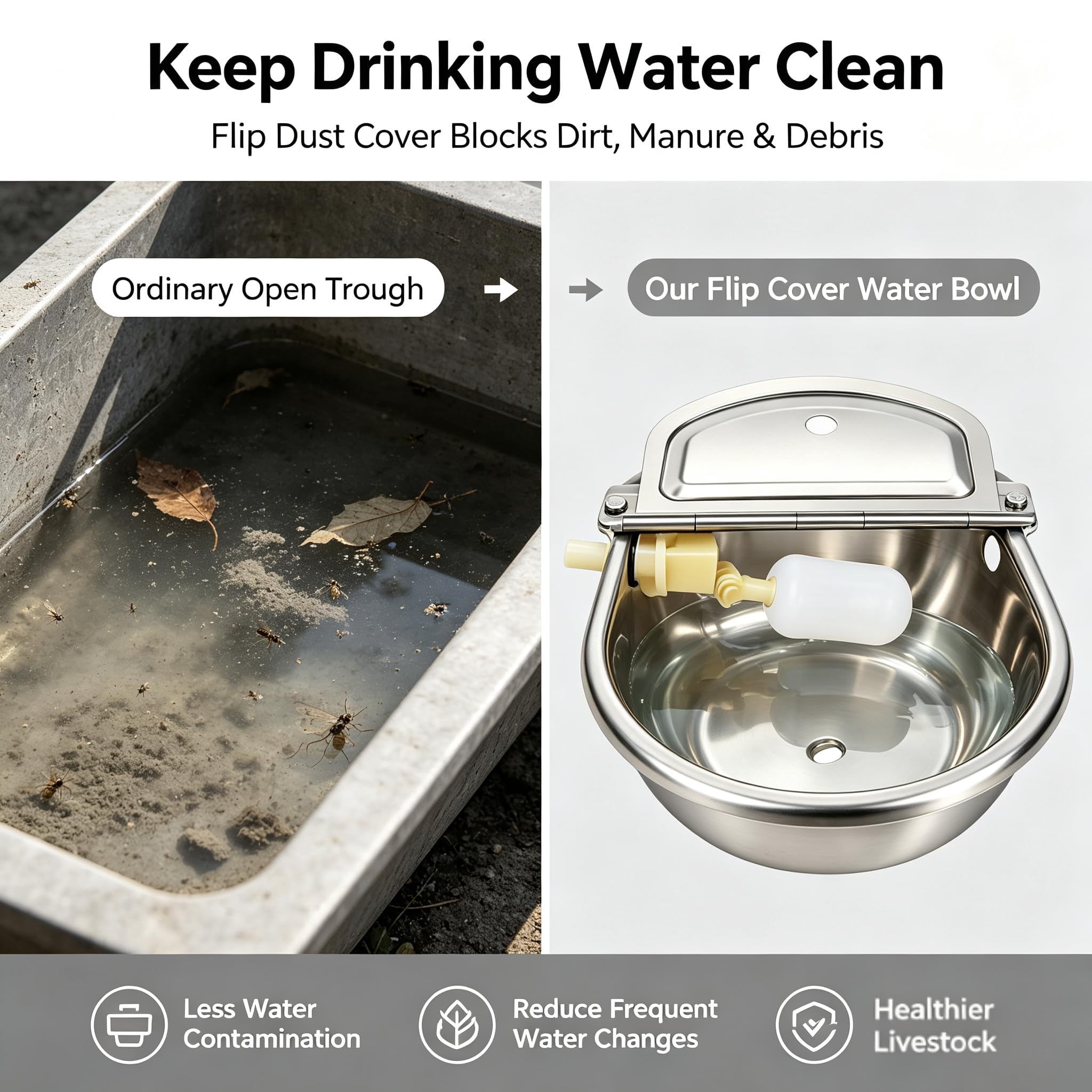 Cuenco automático de agua para ganado de acero inoxidable 304, 9.8 x 9.8 x 3.94 pulgadas, gran capacidad para vacas, caballos, cabras, bebedero flotante automático con cubierta levantable y kit