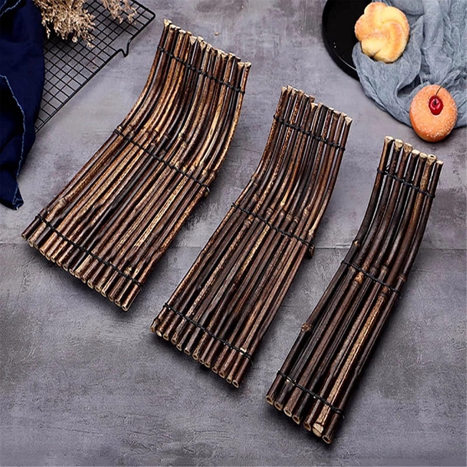 Sushi Serving Tray Plate Bamboo Tray Sushi Plate Cup Mat Tea Cup Coaster Cuisine Plate Creative Sushi Tray (Color : Brown, Size : 38×15cm) (Brown 38×20cm)