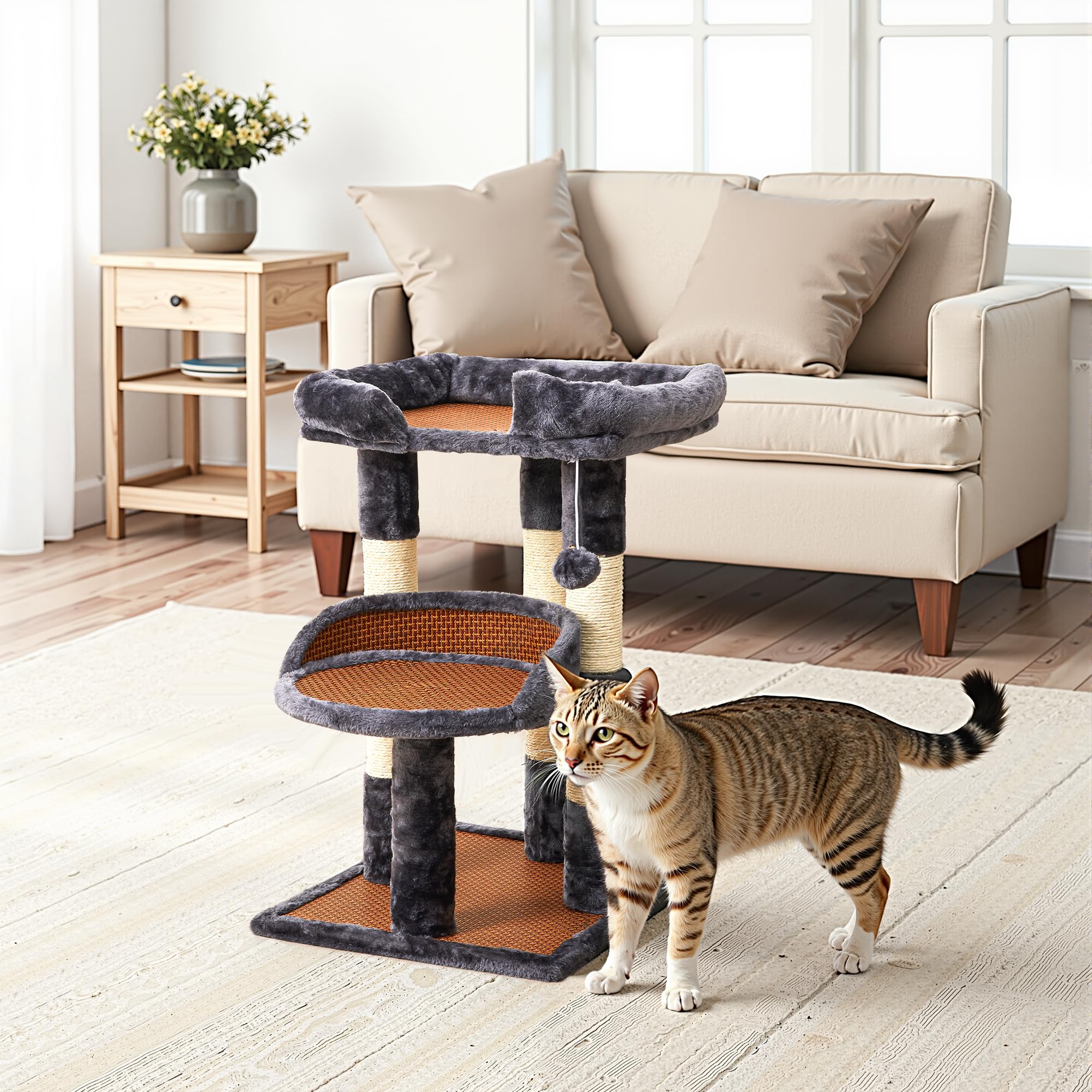 Fansafurn Multi-Level Cat Tree for Indoor Cats, Modern Cat Tower with Double Beds & Scratching Posts, 27 in Cute Cat Tree for Large Cats and Kitten, Small Cat Climbing Tower with Hanging Toys, Grey