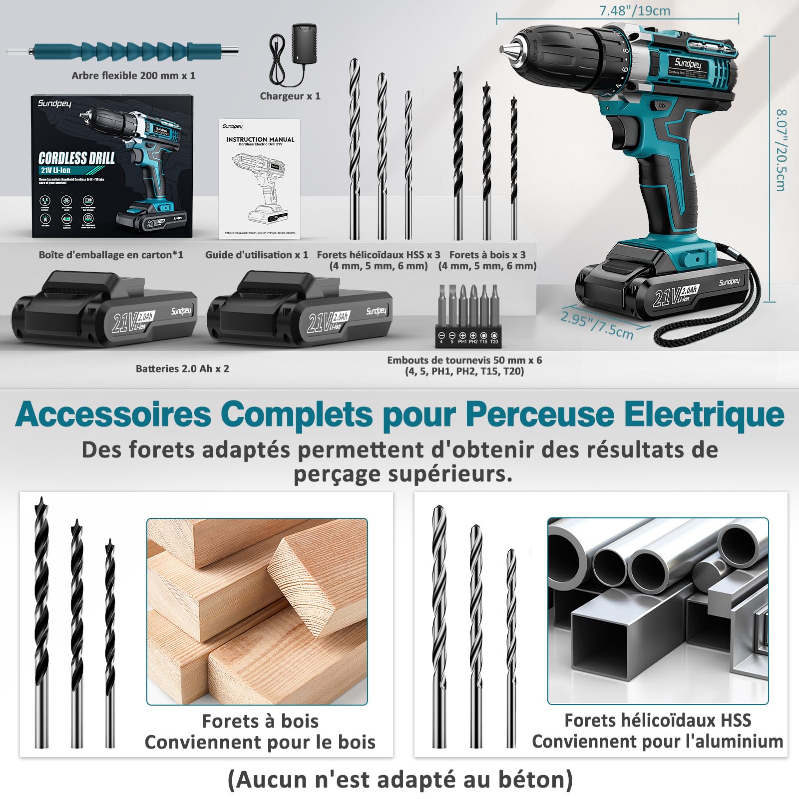Sundpey Visseuse Devisseuse Sans Fil 21V - Perceuse Visseuse Sans Fil avec 2 Batteries 2,0Ah, 1500RPM 45Nm Max Visseuse Electrique, 2 Vitesses, 18+1 Réglages de Couple, LED, pour Bricolage à Domicile