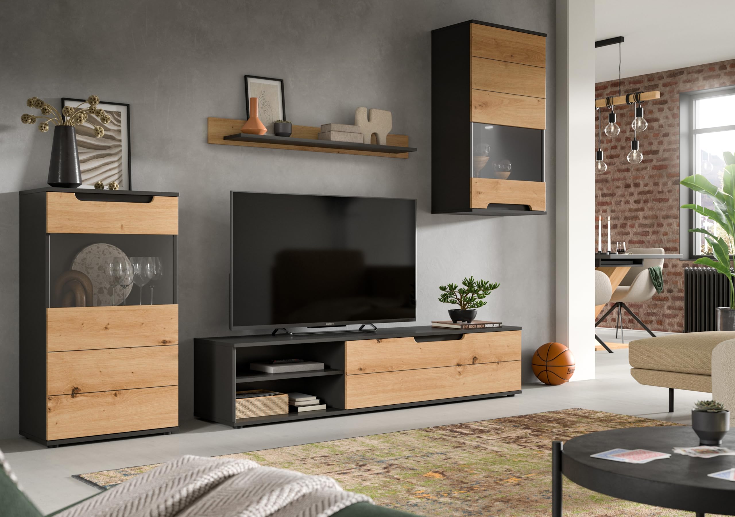 xonox.home - Wohnwand Cajak 4-TLG. Set 246x182x37 cm in Basalt grau und Artisan - Wohnidee Möbelstück Einrichtung Designermöbel - nordisches Design hochwertig verarbeitet schöner Blickfang