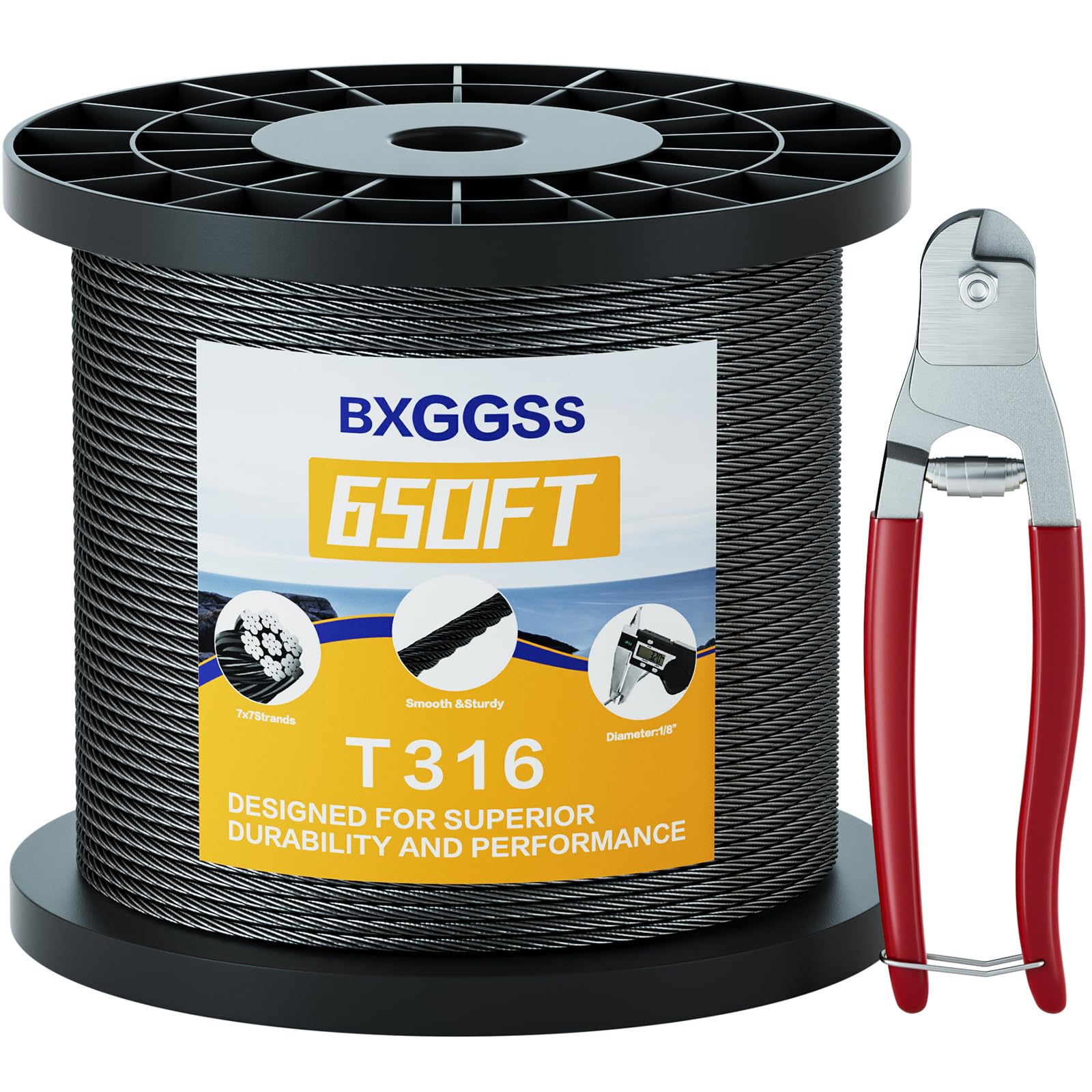 Photo 1 of BXGGSS 1/8 T316 Black Stainless Steel Cable – 650FT Heavy Duty Wire Rope for Cable Railing Kit and Hardware – Black Coated, Rustproof, Flexible for Outdoor and DIY Applications