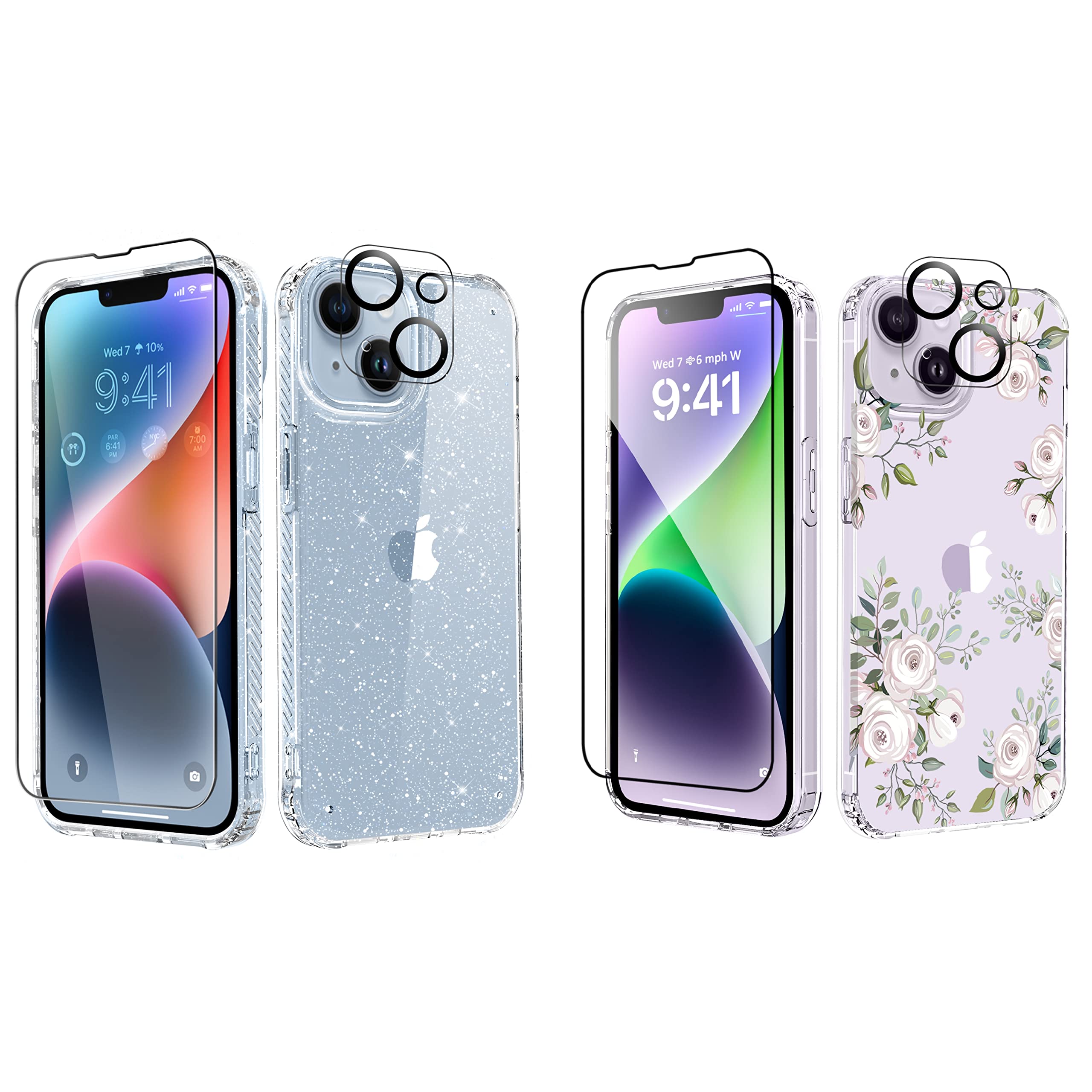 MIODIK Bundle - Compatible with iPhone 14 Clear Glitter Case (Twinkle Clear) + iPhone 14 Clear Floral Case (Camellia/Ivory) (2 Items Bundle)