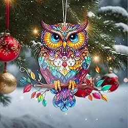 Enfeites de Natal para pendurar em cristal de coruja, enfeites de árvore de Natal feitos à mão, decoração de carro e casa - presentes de Natal, decoração de artesanato em acrílico, ideias de troca de