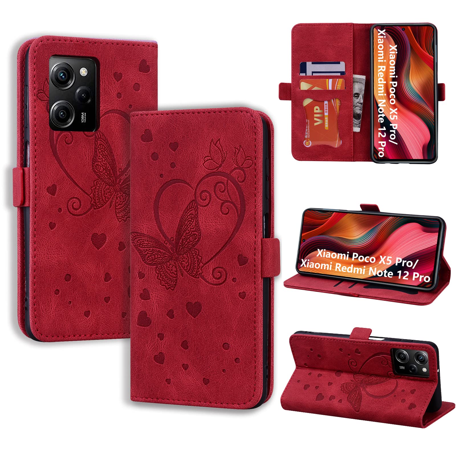 NEXCURIO Leder Wallet Case Für Xiaomi Redmi Note 12 Pro 5G / Poco X5 Pro 5G – Klapphülle Mit Kartenfächern & Ständer, Rot