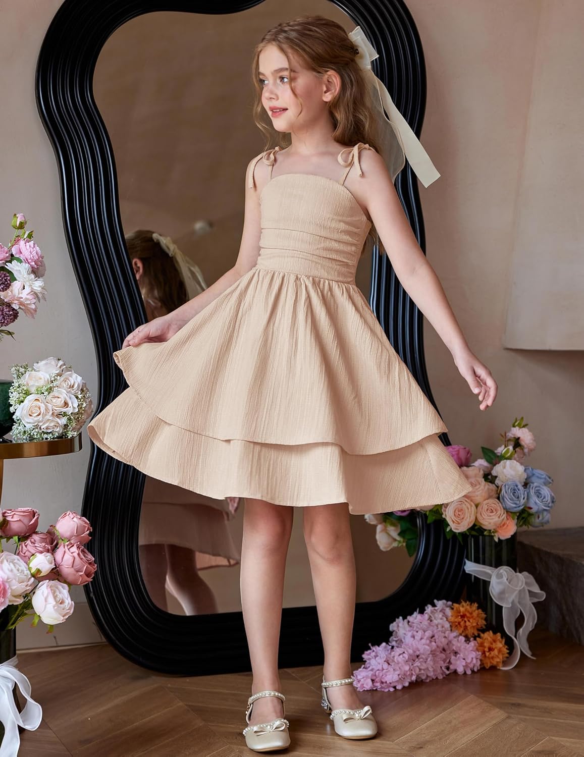 Arshiner Girls Summer Spaghetti Strap Dresses Flowy Tiered Ruched Smocked Back Casual Beach Midi Sundress - Image 4