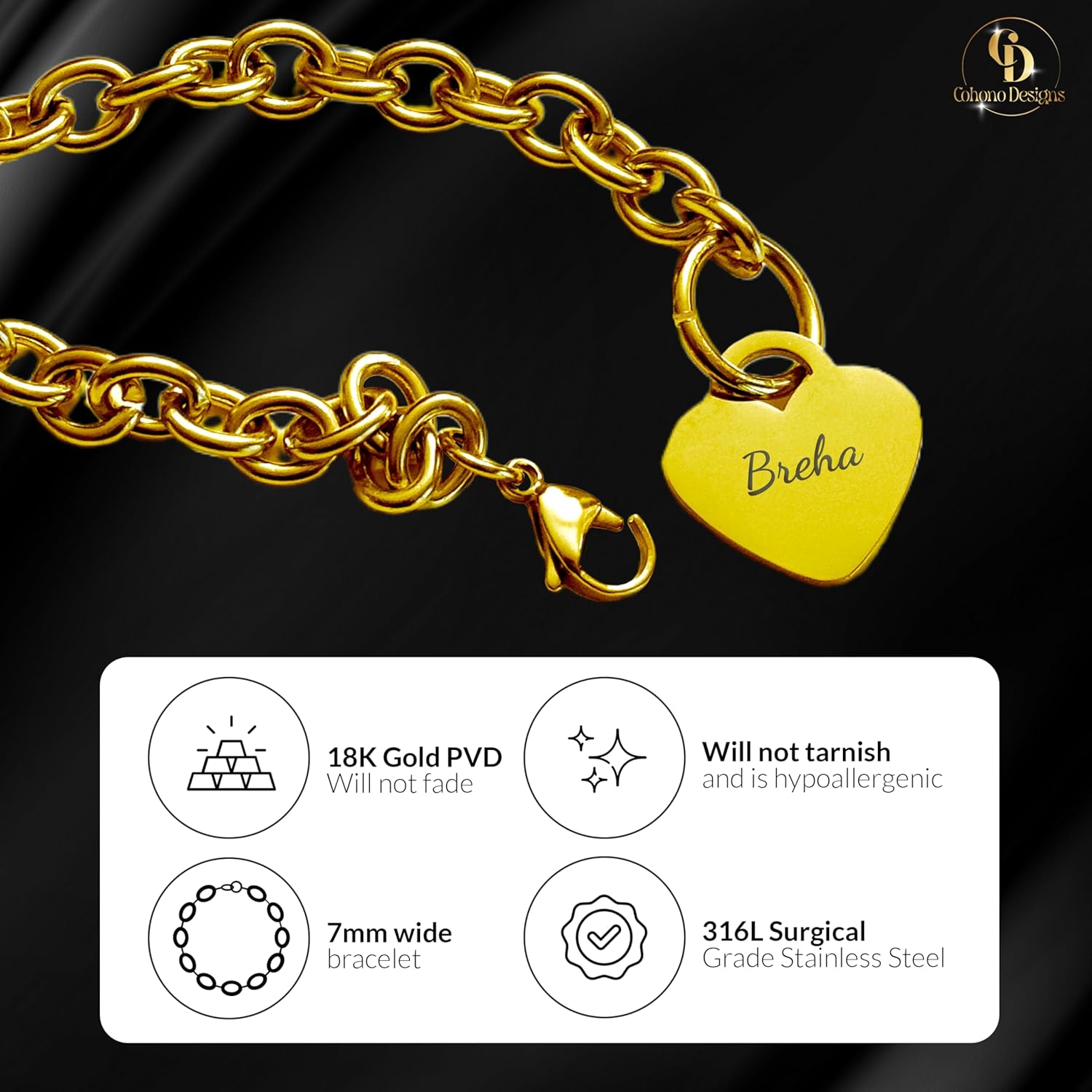 Personalized 18K Gold PVD Stainless Steel Heart Bracelet