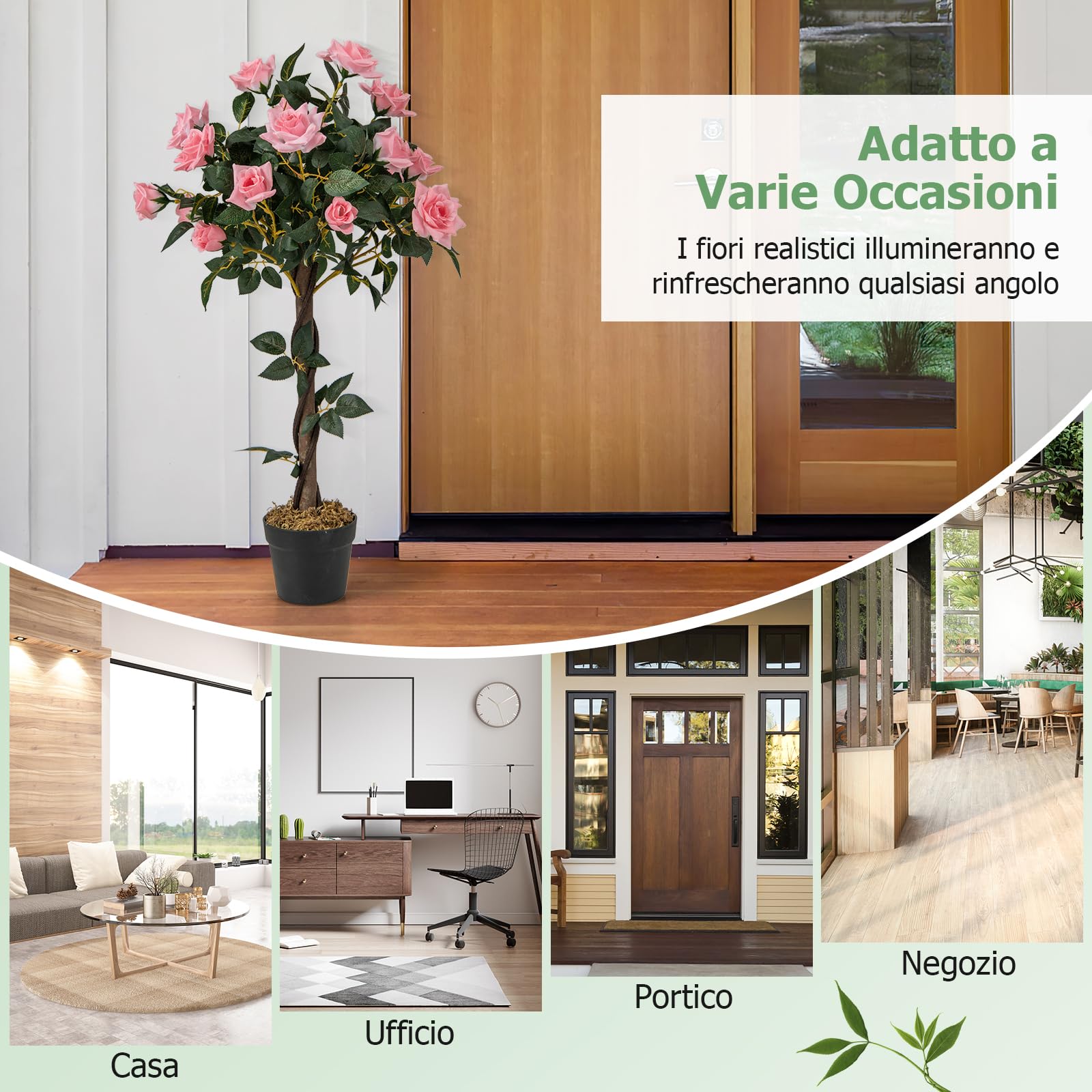 COSTWAY Albero Artificiale con Fiori, Albero di Fiori Finti da 93 CM con Rose, Vaso, Tronco in Legno Reale, Senza Manutenzione, Pianta Finta in Vaso per Ufficio, Casa e Portico