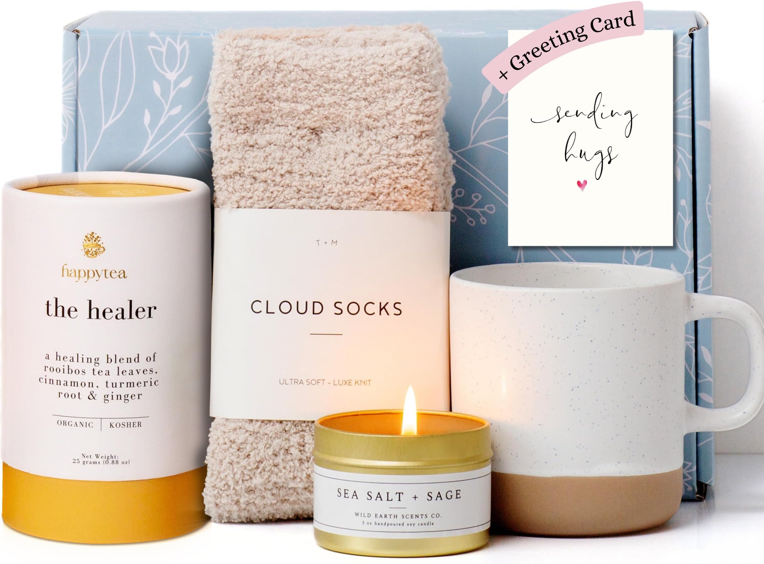 Unboxme Get Well Gift Box - USDA Organic Get Well Soon Self Care Package for Women | Fluffy Socks, Mug, Lemon & Ginger Tea Set, Sea Salt, Sage Scented Candle, Sending Hugs Card | Feel Better Basket