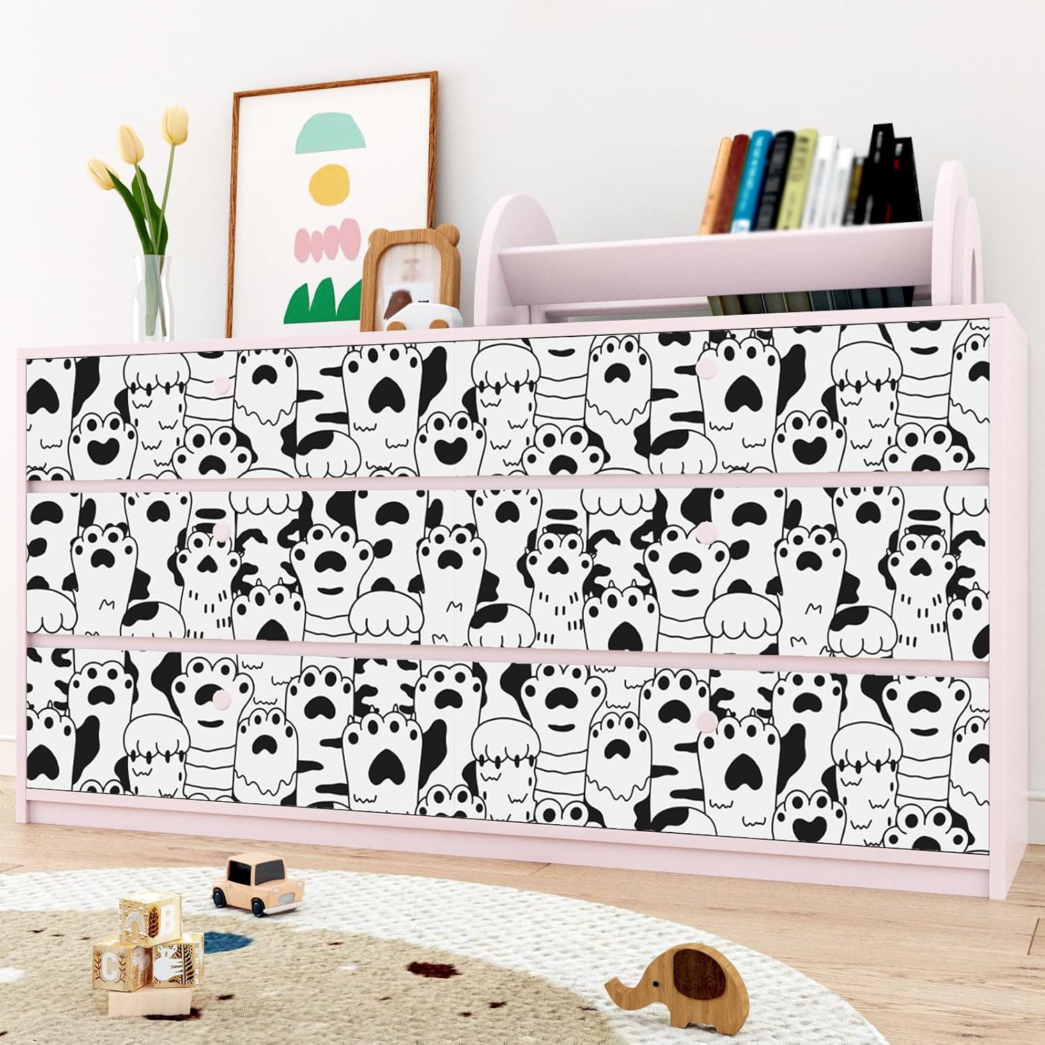 Peel and Stick Wallpaper Black and White Contact Paper Cat Paw Print Stickers Self Adhesive Removable Modern Cat Wallpaper for Nursery Kids Room Cabinet Desk Shelf Liner Vinyl Roll 17.5"x102"