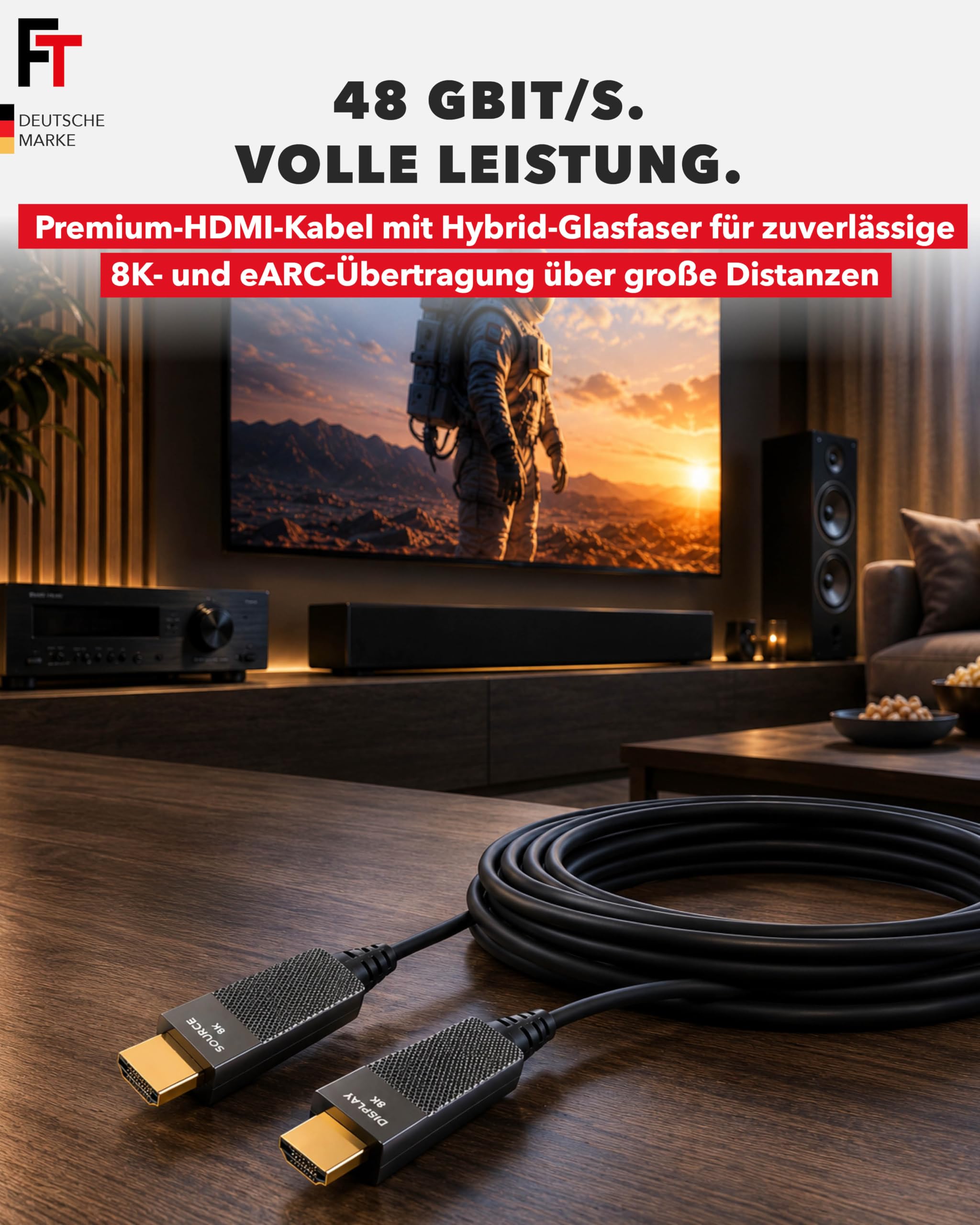 FeinTech ProAqtive HDMI Glasfaserkabel 12m Hybrid-Kabel AOC Fibre 8K 60Hz 4K 240Hz 48Gbps eARC CEC, kompatibel mit TV, PC, Xbox, PS5