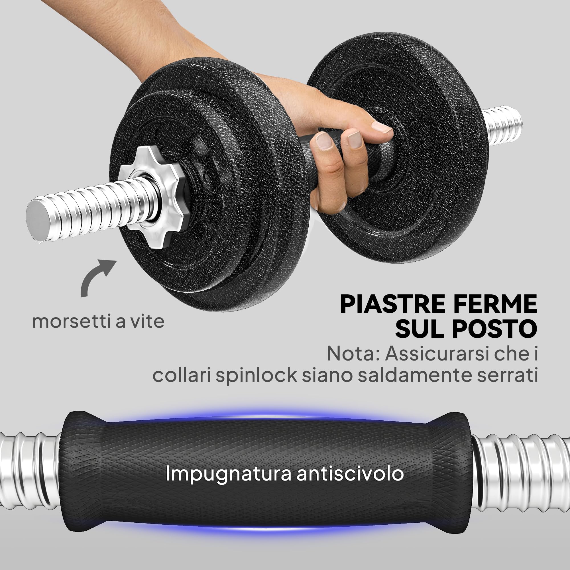 SPORTNOW Set di Manubri 2 in 1 da 20kg Regolabile con Impugnature Antiscivolo, Set Pesi e Bilanciere per Allenamento a Casa con 8 Dischi Pesi, Barra Bilanciere e 2 Barre per Manubri in Acciaio