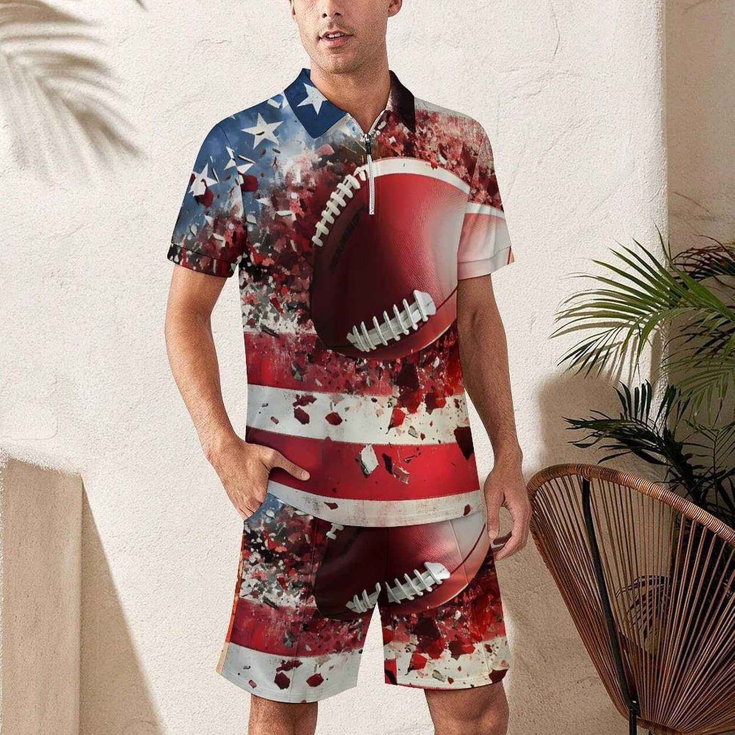 Football Print U.S Flag Mens Polo Shirts Track Suits 2 Piece Short Sleeve Sweatsuit 1/4 Zip Golf Loungewear for Sports