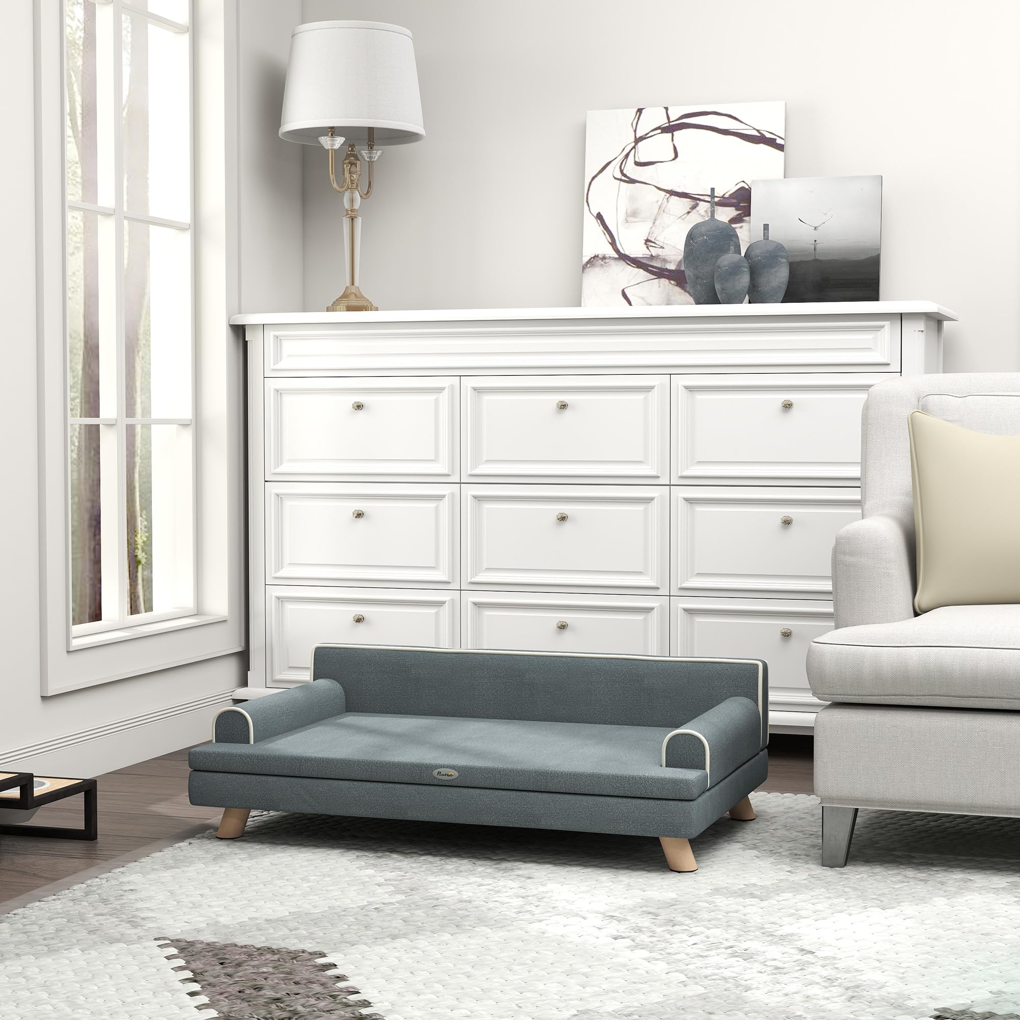 PawHut Sofá para Perros Grandes y Medianos, 100x62x32 cm, Cama Elevada para Perros, Tapizada en Chenilla, con Cojín Lavable y Patas de Madera de Pino, Gris Oscuro