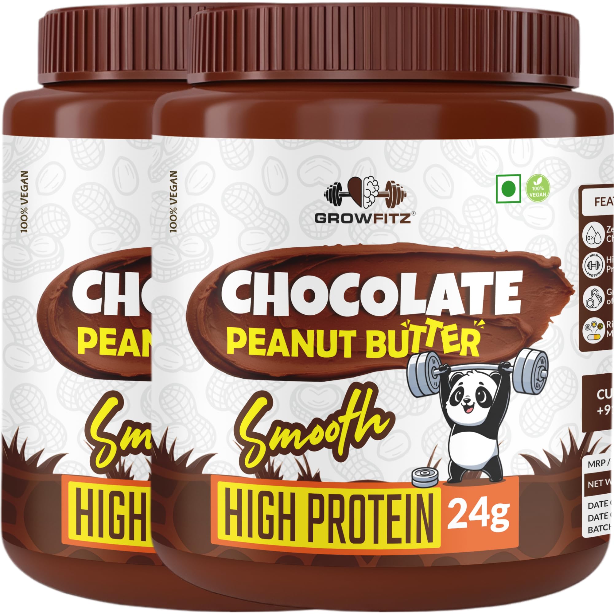 Growfitz Peanut Butter Chocolate Smooth 800g | 24g High Protein Peanut Butter | 7g Fiber | Tasty & Healthy Nut Butter Spread for Breakfast & Snacks | Roasted Peanuts | Zero Sugar (Pack of 2)
