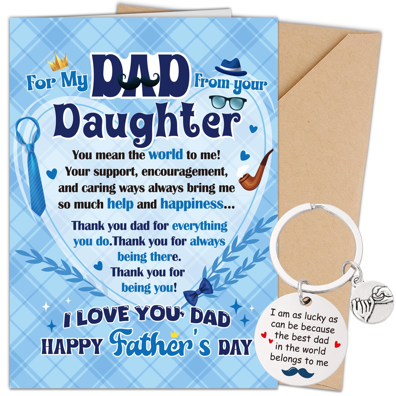 Fathers Day Card from Daughter - I Love You Dad Happy Father's Day Cards and Keychain with Envelope, Daddy Gifts from Daughter