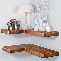 BATODA Acacia Wood Corner Floating Shelves Set of 2 - 17x12 Inch L-Shaped Wall Mount with Brackets for Kitchen Bathroom Living Room