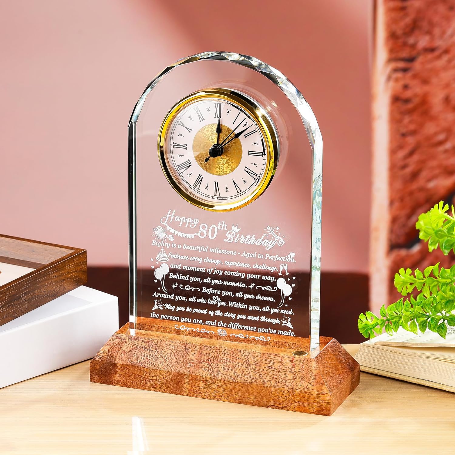 Happy 80th Birthday Glass Clock Gifts for Women, Men - 80 Year Old Birthday Gift with Wooden Light Base for Her Him, Turning 80 Quartz Clock Gift Idea for Mom Dad Unique Keepsake - Image 5