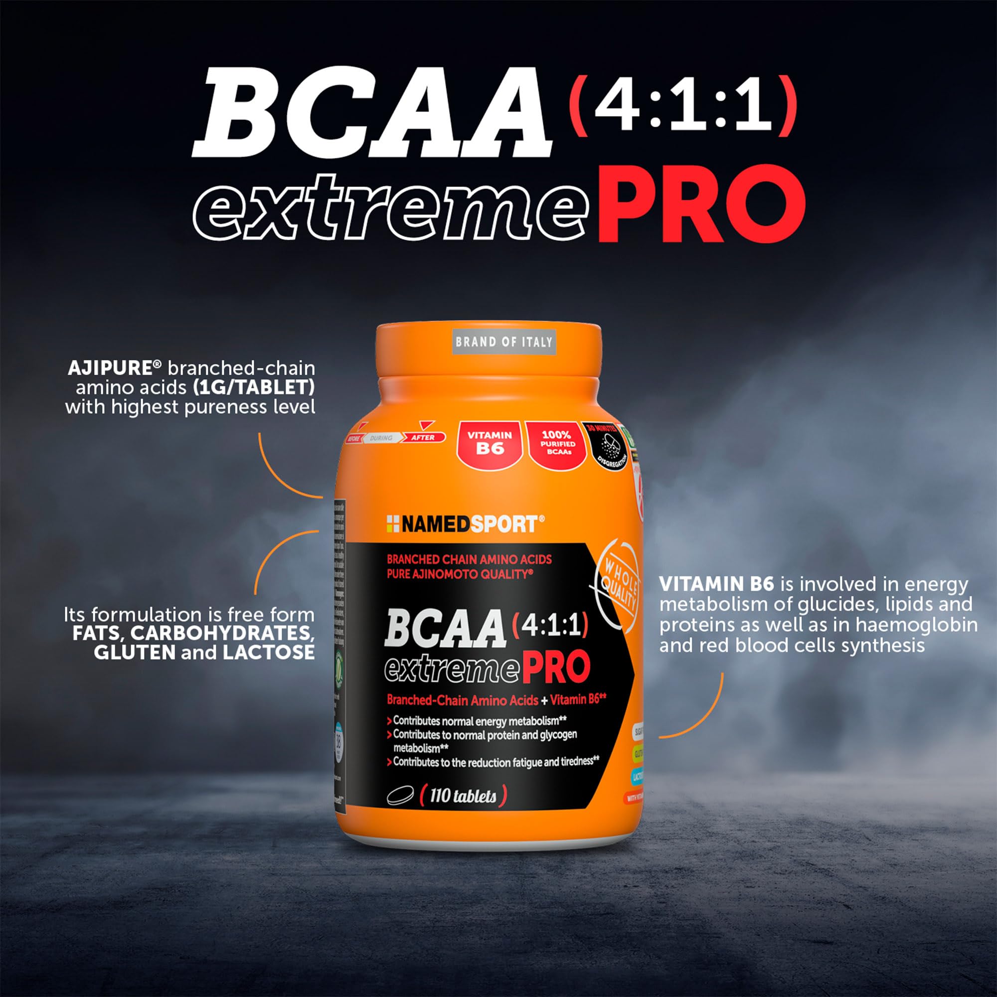 NAMEDSPORT> BCAA 4:1:1 ExtremePro, Supplément à base d’Acides Aminés Ramifiés et de Vitamine B6, contribue à la Synthèse Protéique, Idéal dans les Sports d’Endurance, Brand Of of Italy, 110 Comprimés