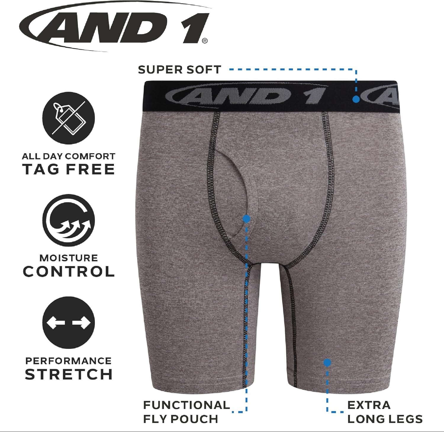 AND1 Boys Boxer Briefs - 4 Pack Performance Long Leg Boys Underwear Boxers with Functional Fly Pouch, 6" Inseam (Size: 6-18) - Image 2