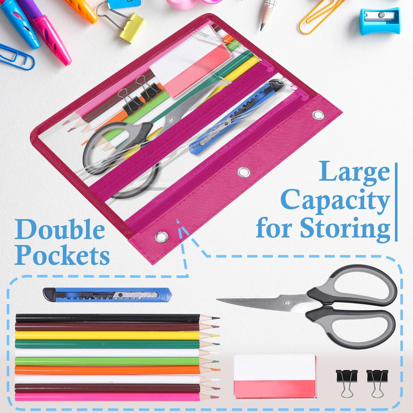 YoeeJob 6 Pack Zipper Pencil Pouches for 3 Ring Binder, 1.5 Inch Expandable with 2 Pockets and Clear Window for School and Office（Colorful） - Image 5