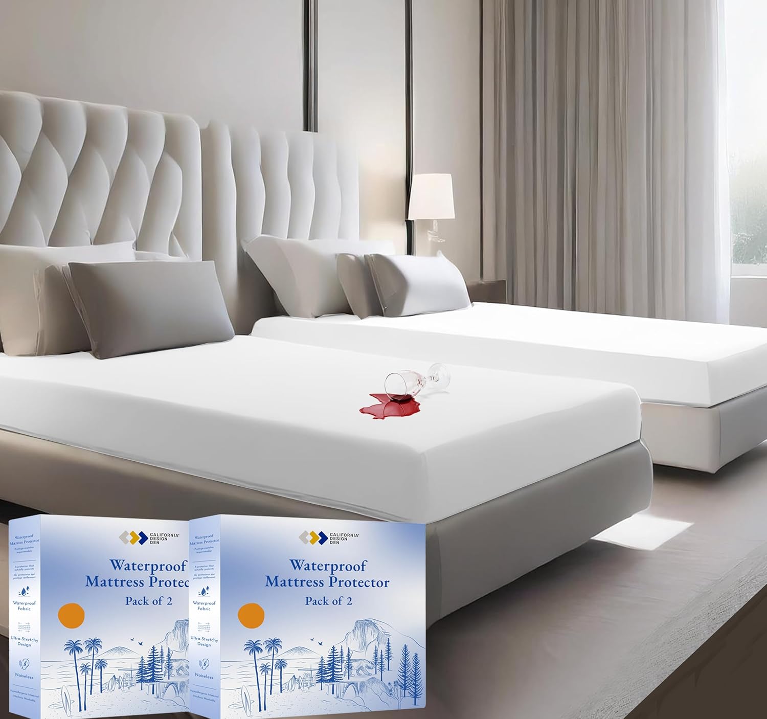 California Design Den 2-Pack Queen Size Mattress Protector Waterproof - Soft Noiseless Cooling Mattress Protector Queen with Deep