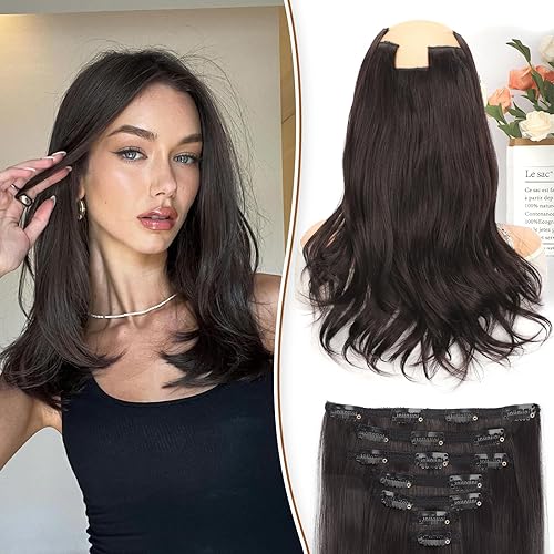 KooKaStyle Clip in Hair Extensions Thick Long Straight Hair Extensions Upgrade Soft Lace Weft Lightweight 7PCS Layered Hair Extensions Dark Brown 14Inch for Women