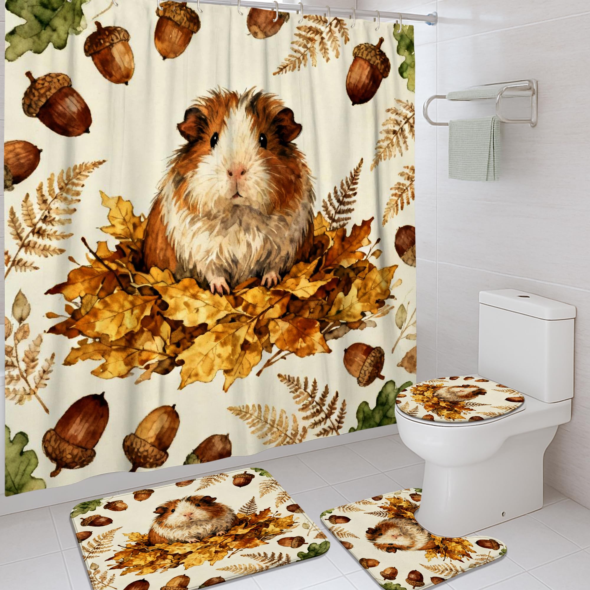 Rideau de douche cochon d'inde marron imperméable avec feuilles et glands