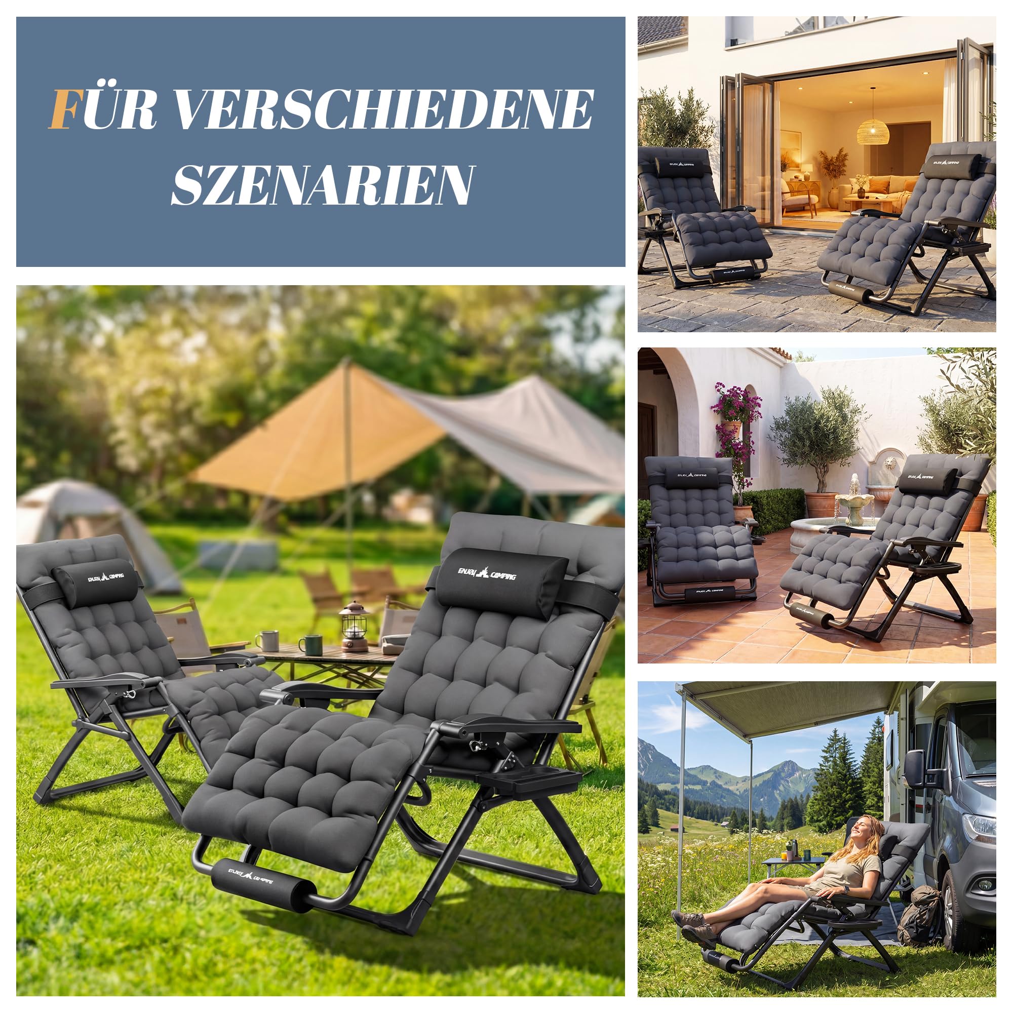 UDPATIO Sonnenliege Liegestuhl Klappbar Mit Getränkehalter Gartenliege Mit Auflage Polster, 78cm Extra Breiter Gartenstuhl, Verstellbar Rückenlehne mit Kissen-Unterstützung Anthrazit