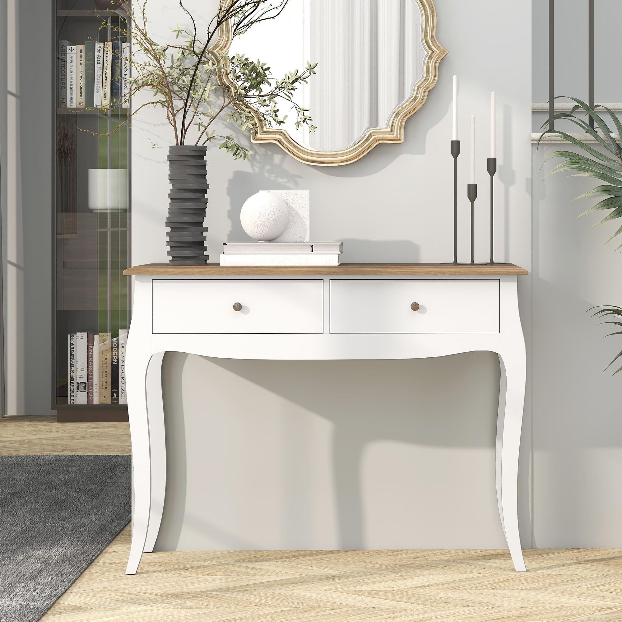 HOMCOM Tavolo Consolle Moderno con 2 Cassetti, Consolle da Ingresso in MDF e Truciolato, 100x35x76.5 cm, Bianco e Marrone Scuro