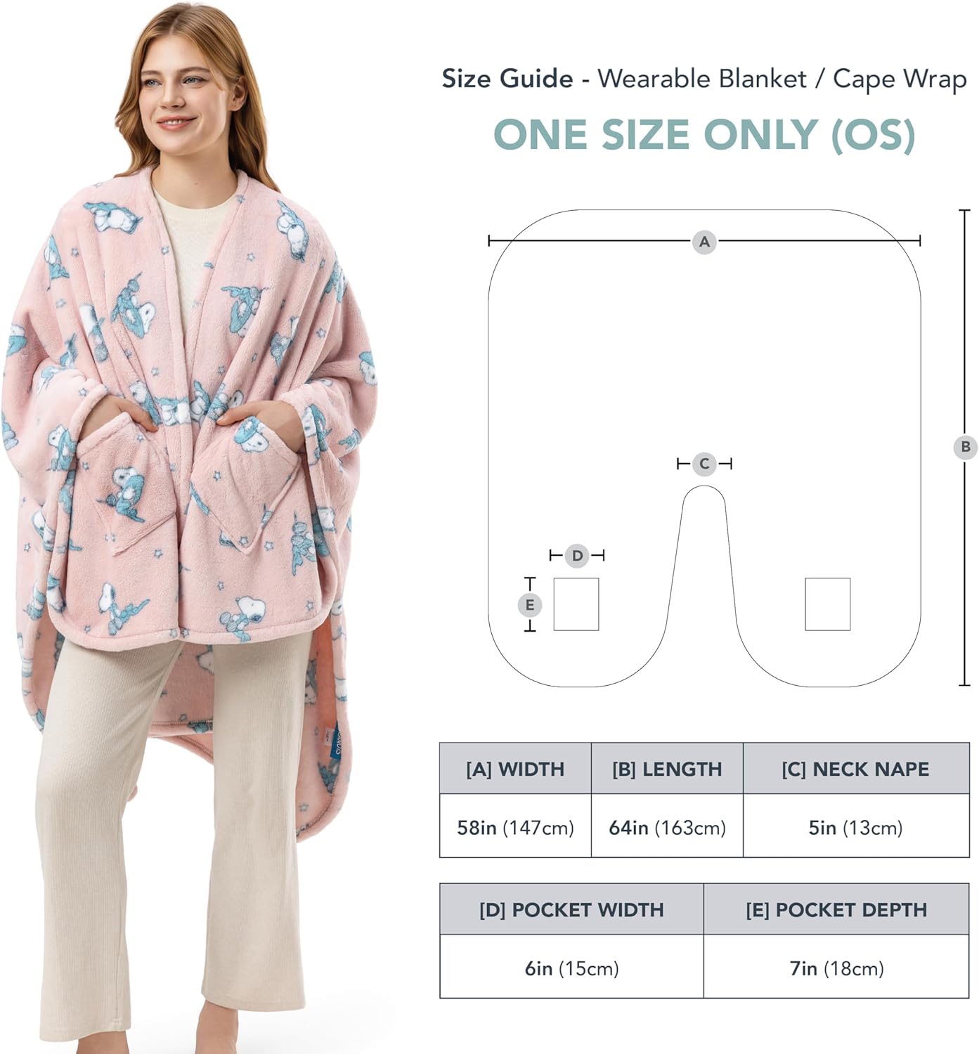 Berkshire Peanuts® Wearable Throw – Snoopy Print PrimaLush™ Plush Shawl Blanket, 58" x 64" - Image 7