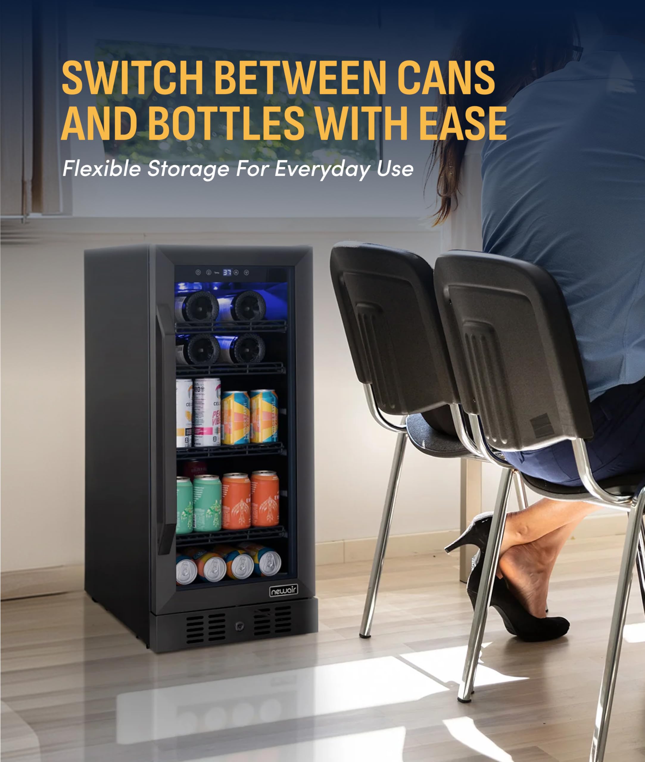 NewAir 15" Single Zone Beverage & Wine Fridge | Beverage & Wine Refrigerator For 33 Bottles / 80 Cans | Freestanding Or Built-In Under Counter Mini Fridge For Beer, Wine & Soda | Black Stainless Steel on Fridge.com - View 3