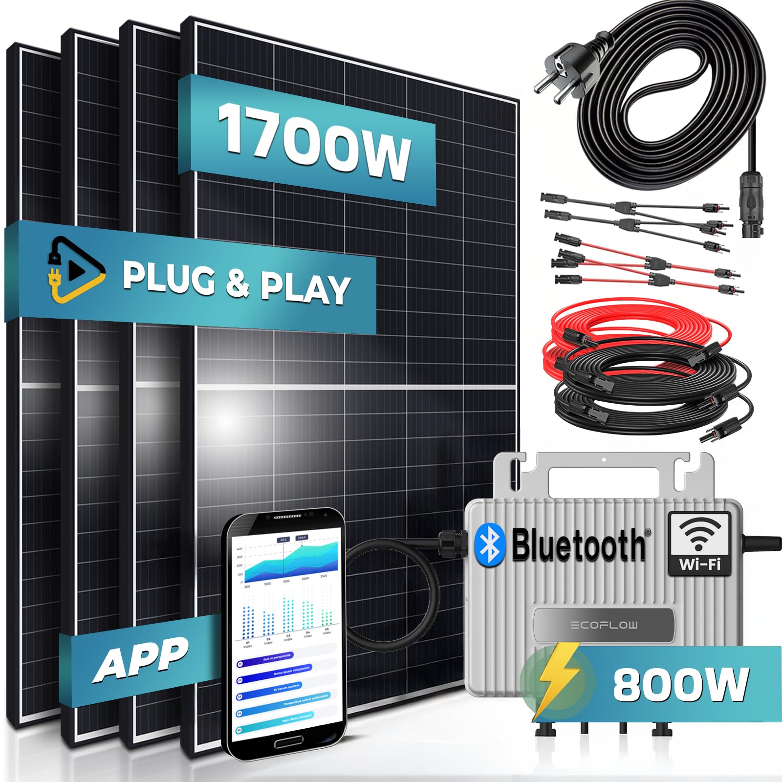 SUNNIVA® 1700W Balkonkraftwerk 800W komplett Steckdose - Ecoflow S 800W Micro Wechselrichter - PV Solaranlage Komplettset, 4x 425W (1700W) Solarmodule, inkl.5m Kabel, Y-Verteiler, Bluetooth, WIFI