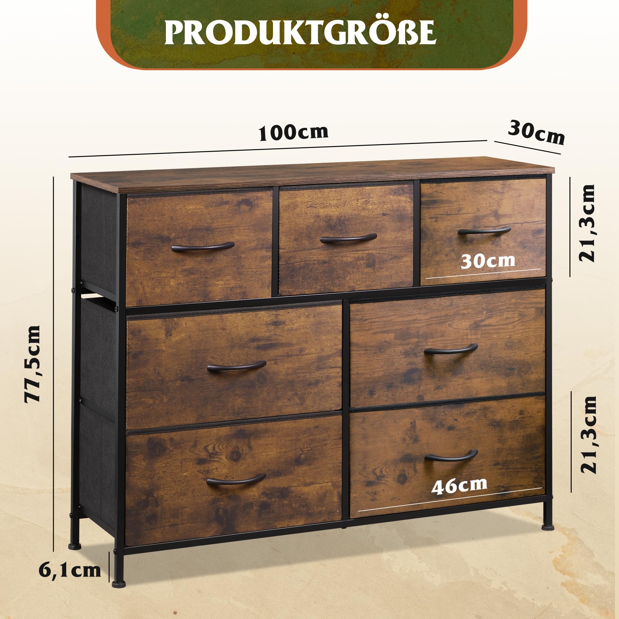 WLIVE Kommode mit Schubladen aus Stoff, Kommodenschrank für Schlafzimmer, Kommode Wohnzimmer, mit Stabiler Stahlrahmen (Vintagebraun-Schwarz, 7 Schubladen)