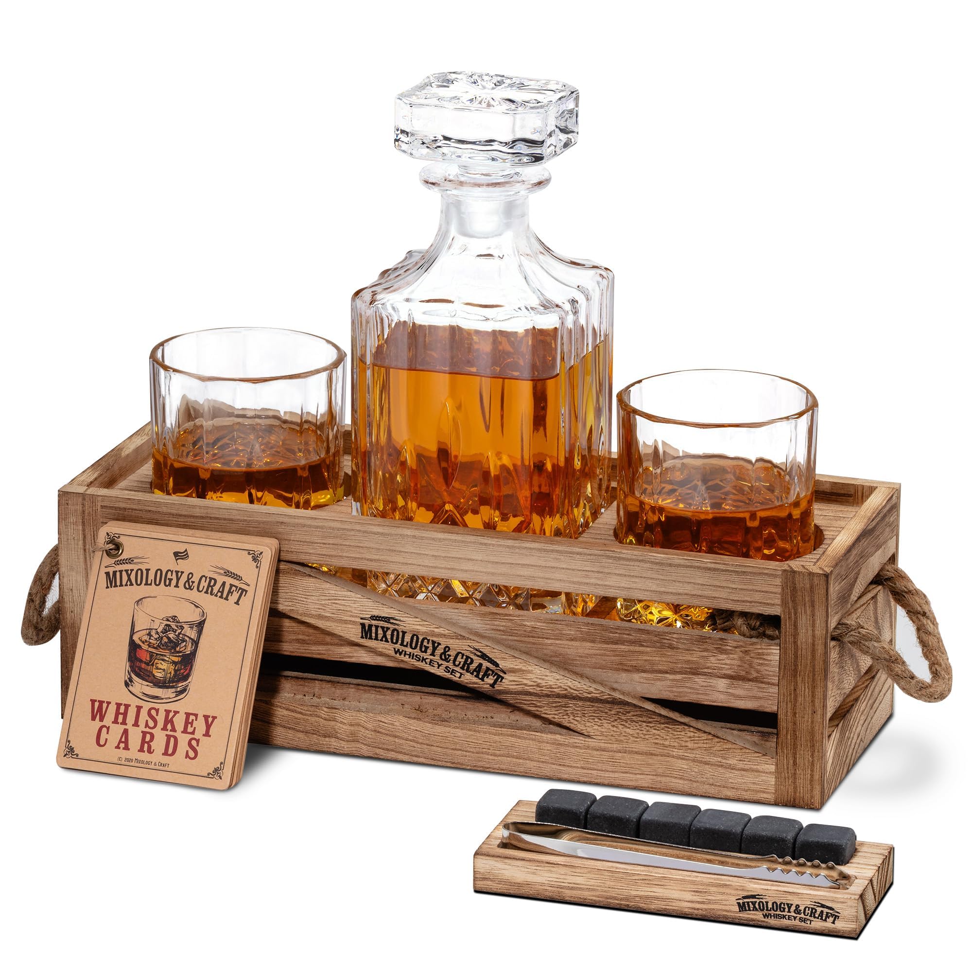 MIXOLOGY & CRAFT Whiskey Decanter Set – 10oz Crystal Whiskey Glasses, Wood Stand & 6 Granite Whiskey Stones | Premium Rocks Glasses Barware Gift for Any Occasion