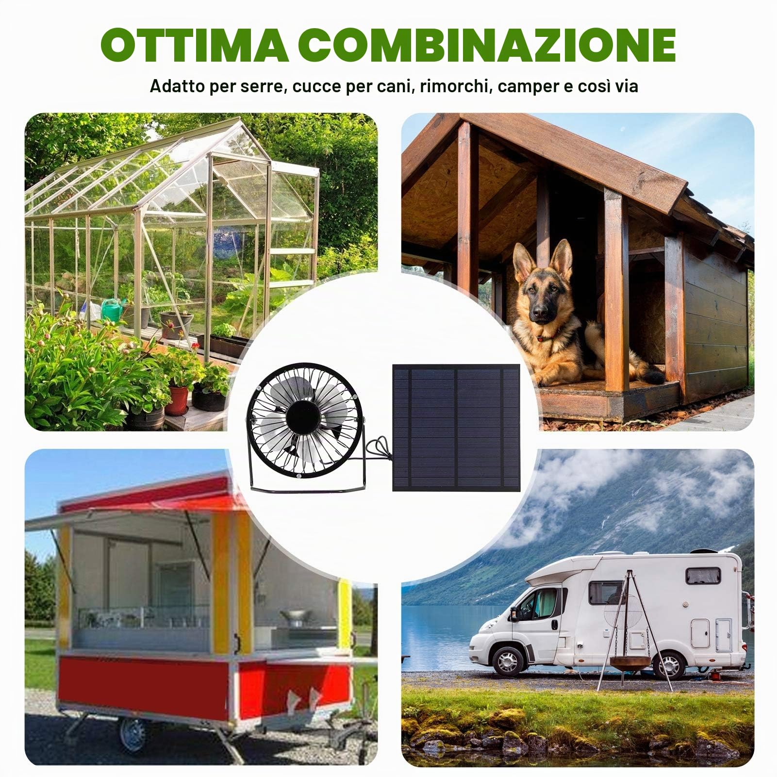Ventola di raffreddamento alimentata a Mini pannello solare fotovoltaici , 5 W senza bisogno di batterie, portatile per serra, case per cani, camper