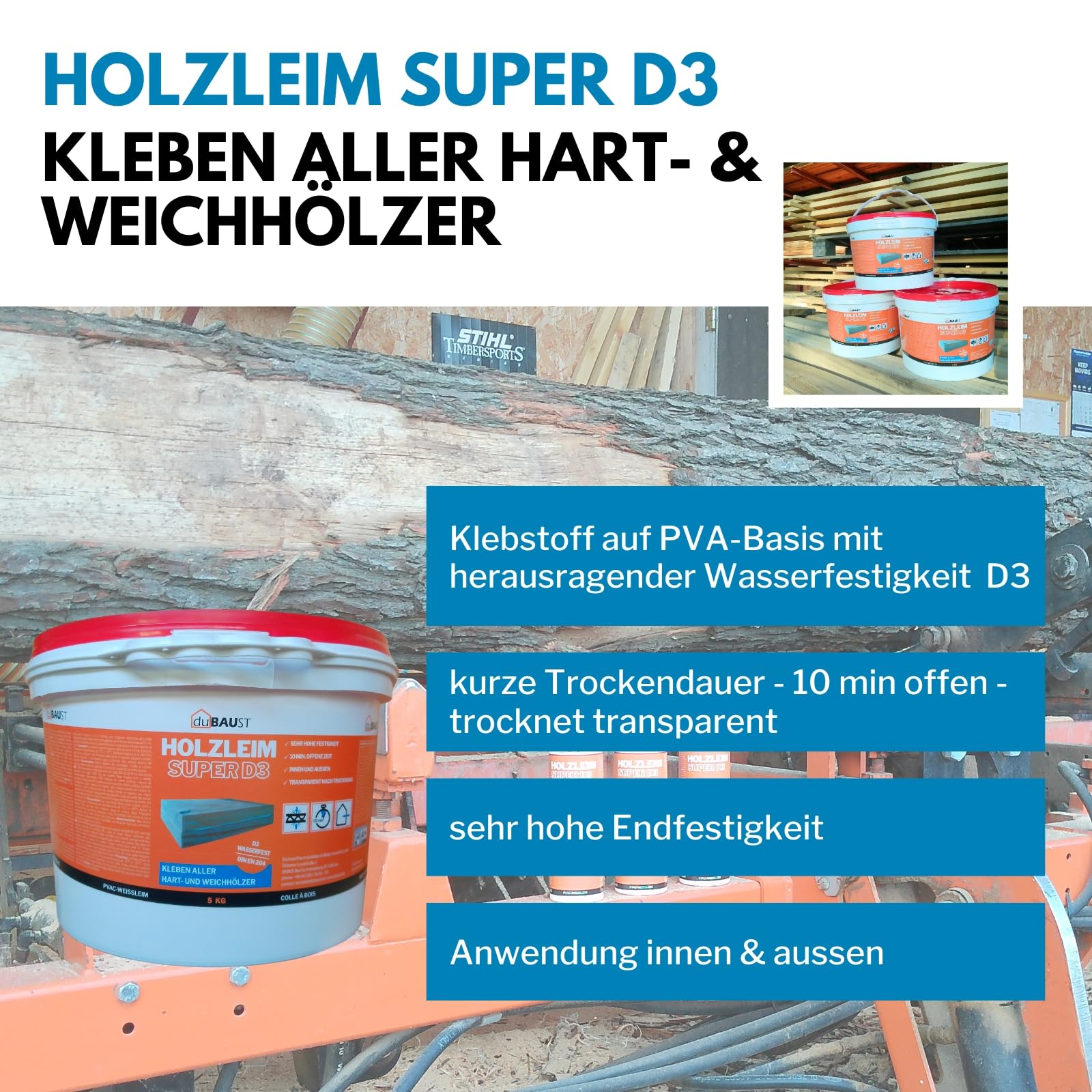 WOD24 Schnelltrocknender D3 Holzleim, wasserfest, für Hartholz und Weichholz, weiss - nach dem Aushärten transparent (5Kg Eimer)