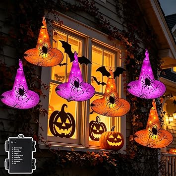 WATERGLIDE Halloween Decorations 6 Pcs Lighted Hanging Witch Hats 8 Modes
