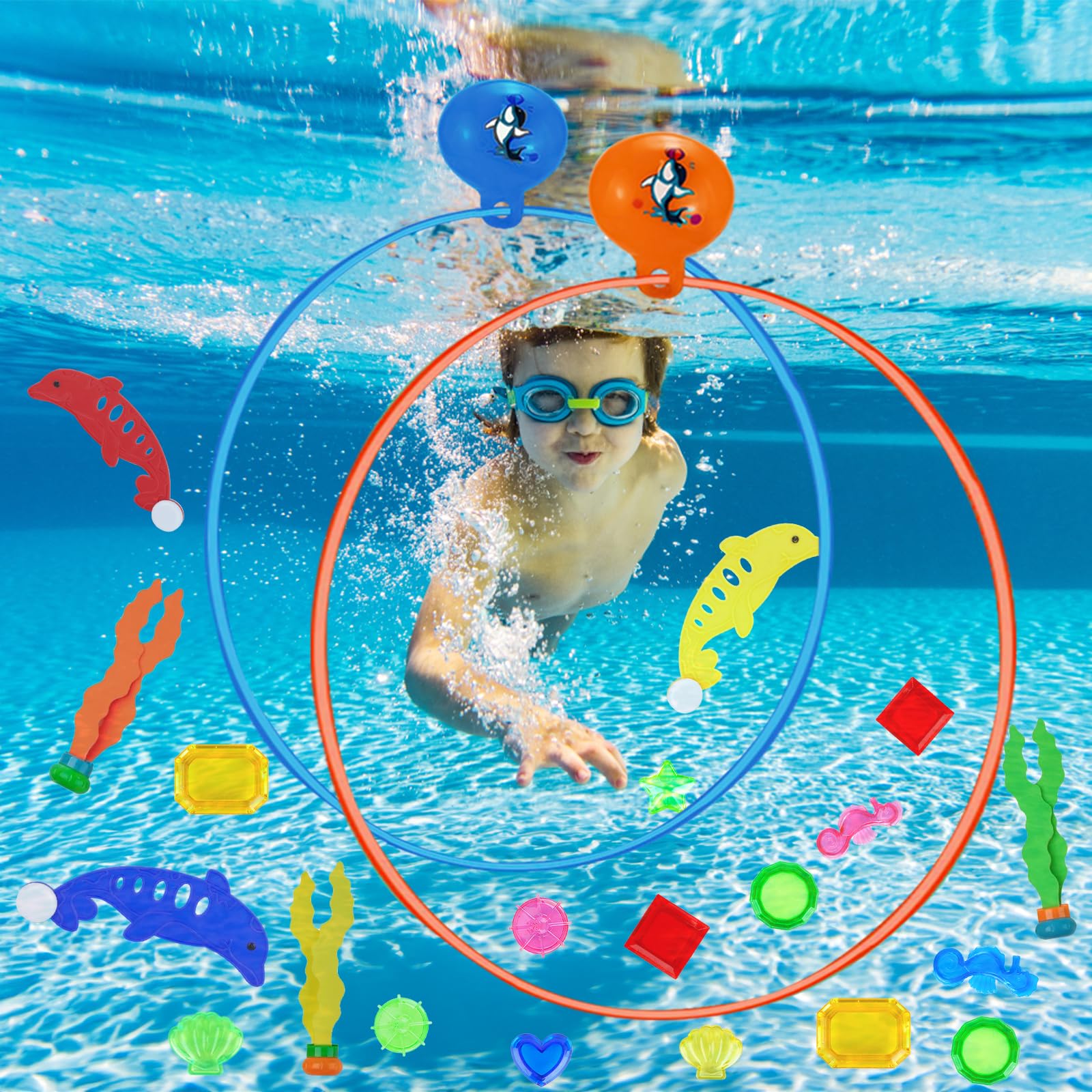 27pcs Jouets de Plongée,Jeux de Piscine pour Enfant,Jouet sous Eau Piscine Été inclure 3 Anneaux de plongée,Gemme,Dauphin,Algues etc,pour Enfants Entrainement de plongée,Cadeaux 5-12 Ans.