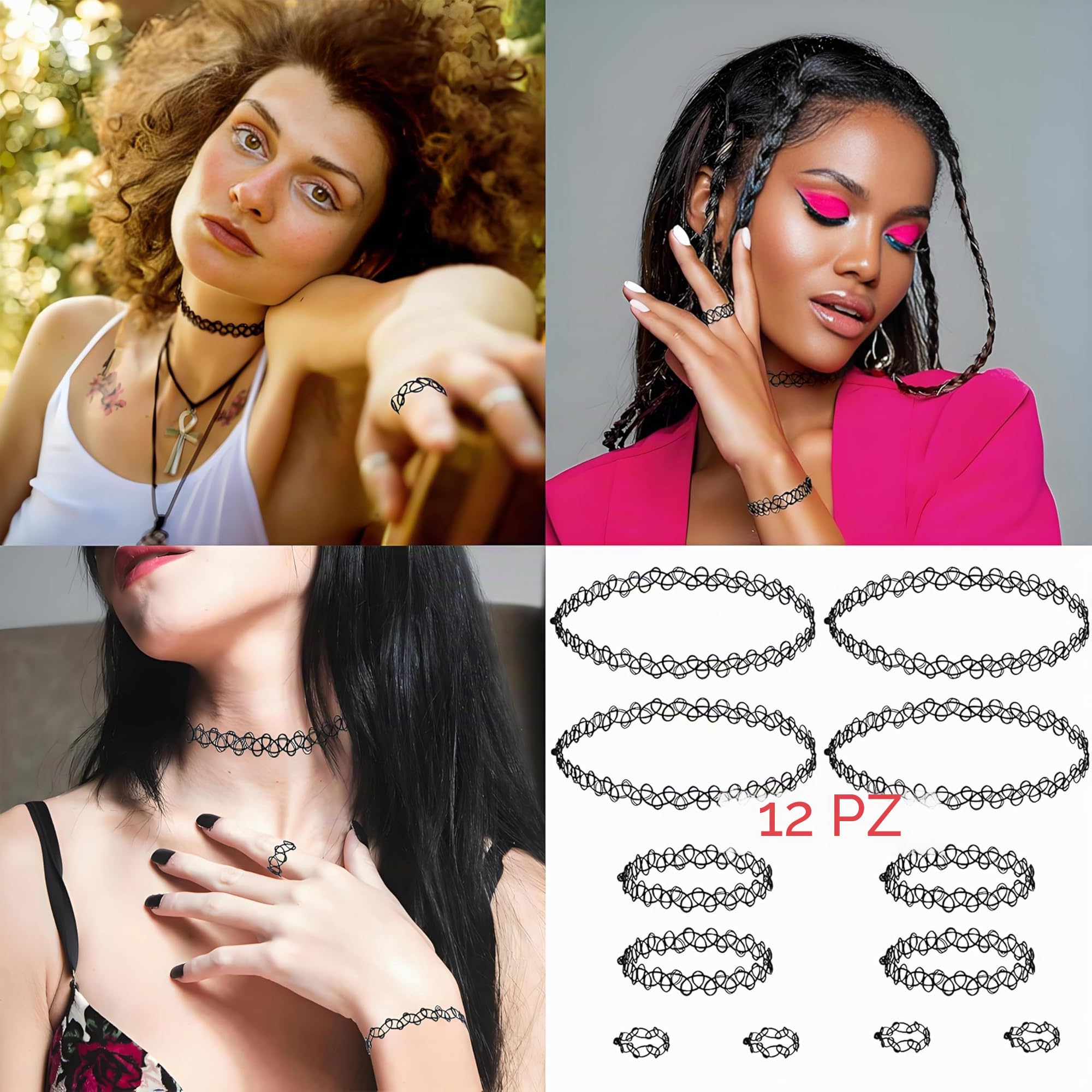 12 Pezzi Choker Set Collana,set di Collane,Braccialetti e Anelli con Tatuaggi,Chocker elastica regolabile,Choker Donna,Choker Nero in stile Gotico anni 90,adatte per Donne e Ragazze