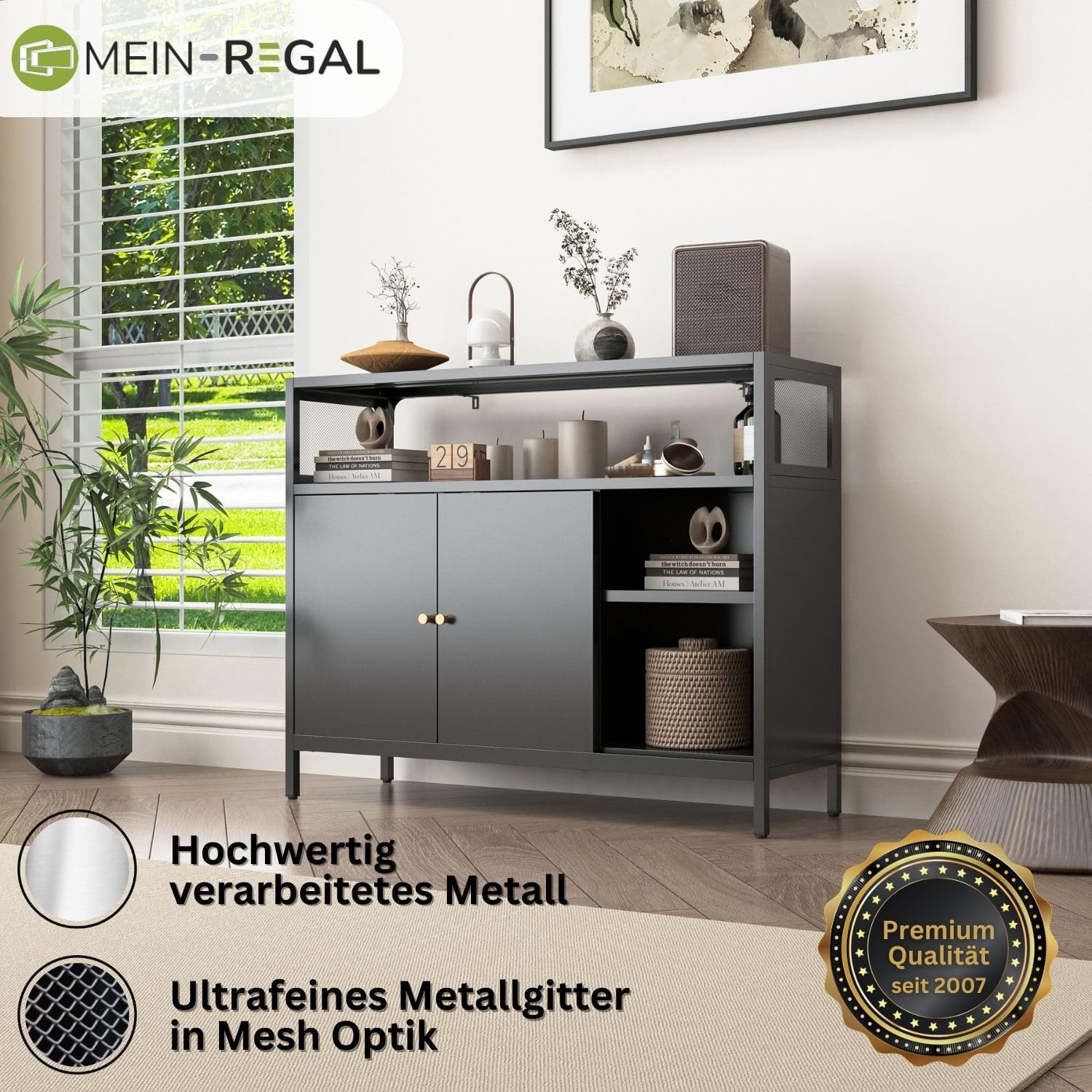 Sideboard Mesh, schwarz, schmale Kommode aus Metall, Büro