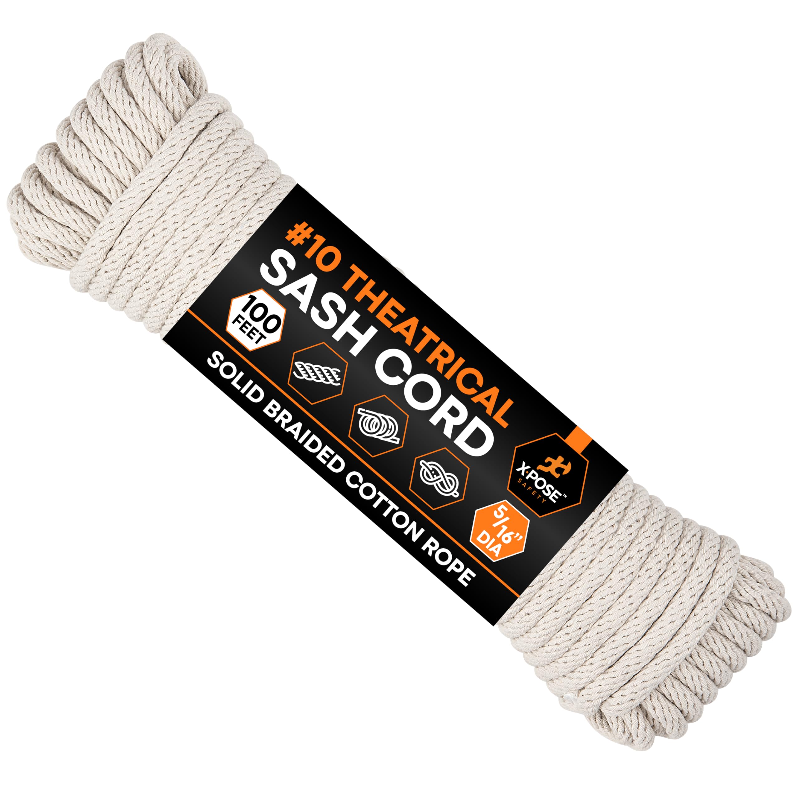 Xpose Safety #10 Sash Cord – 5/16 Inch x 100 Ft – White Cotton Rope with Nylon Core – Low Stretch Utility Cord for Window Sash, Tie Down, Clothesline, Camping, Rigging, DIY, Crafts, Home Improvement