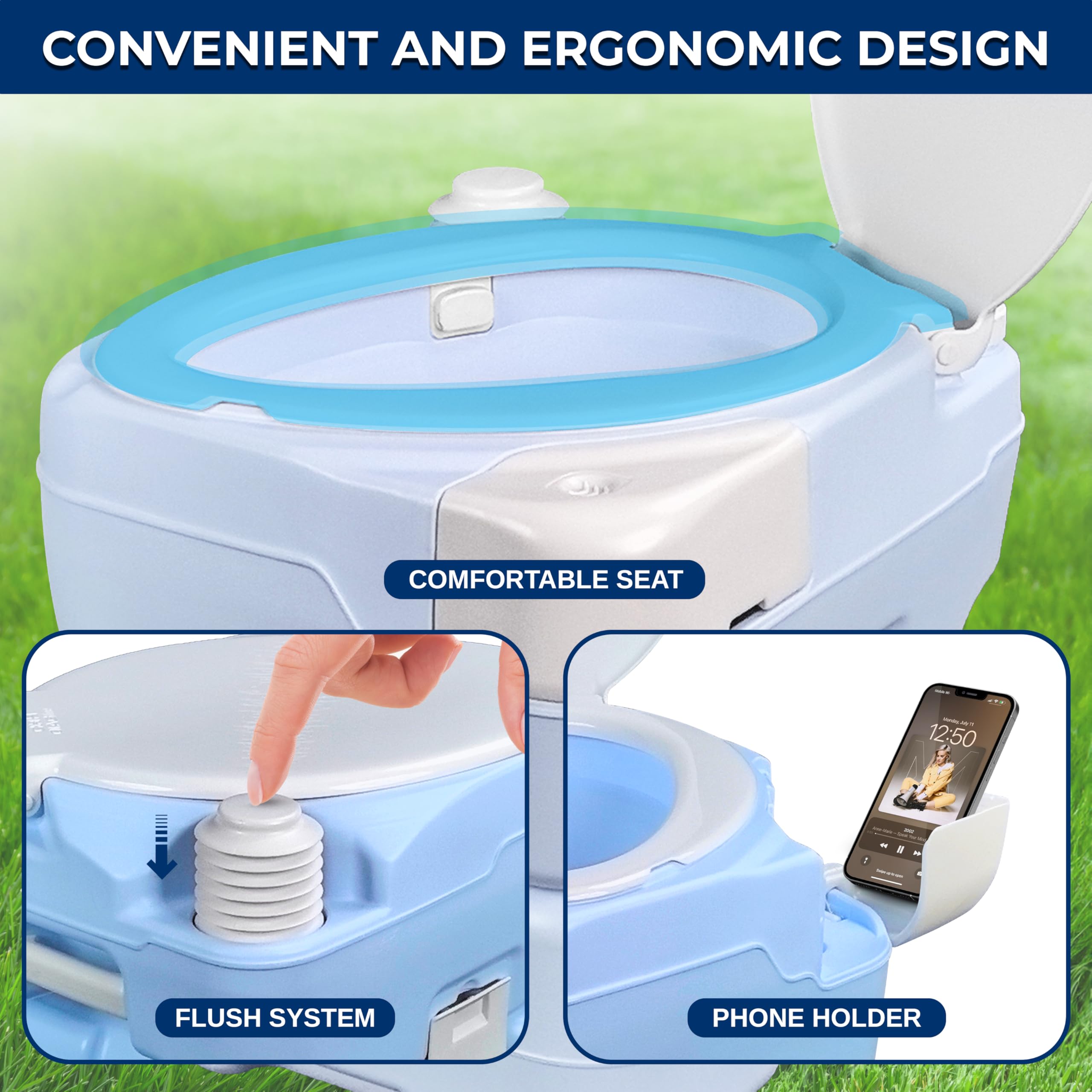 SereneLife WC Portatile da Campeggio da 15 Litri, WC 120 Scarichi, A Prova di Perdite, Materiale PE Durevole, Serbatoio Rimovibile con Spruzzatore e Supporto Telefono