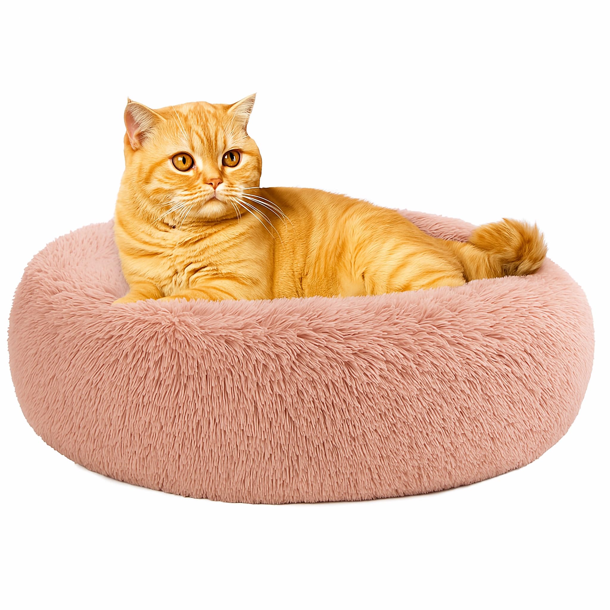 SEOUGEE Calming Donut Cat Bed, Fluffy Plush Round Dog Bed, Cosy Soft Washable Cushion Warming Pet Beds with Non-Slip Bottom, Indoor Sleeping Cuddler Nest for Cats Puppy Kitten (Dusty Pink 40cm)